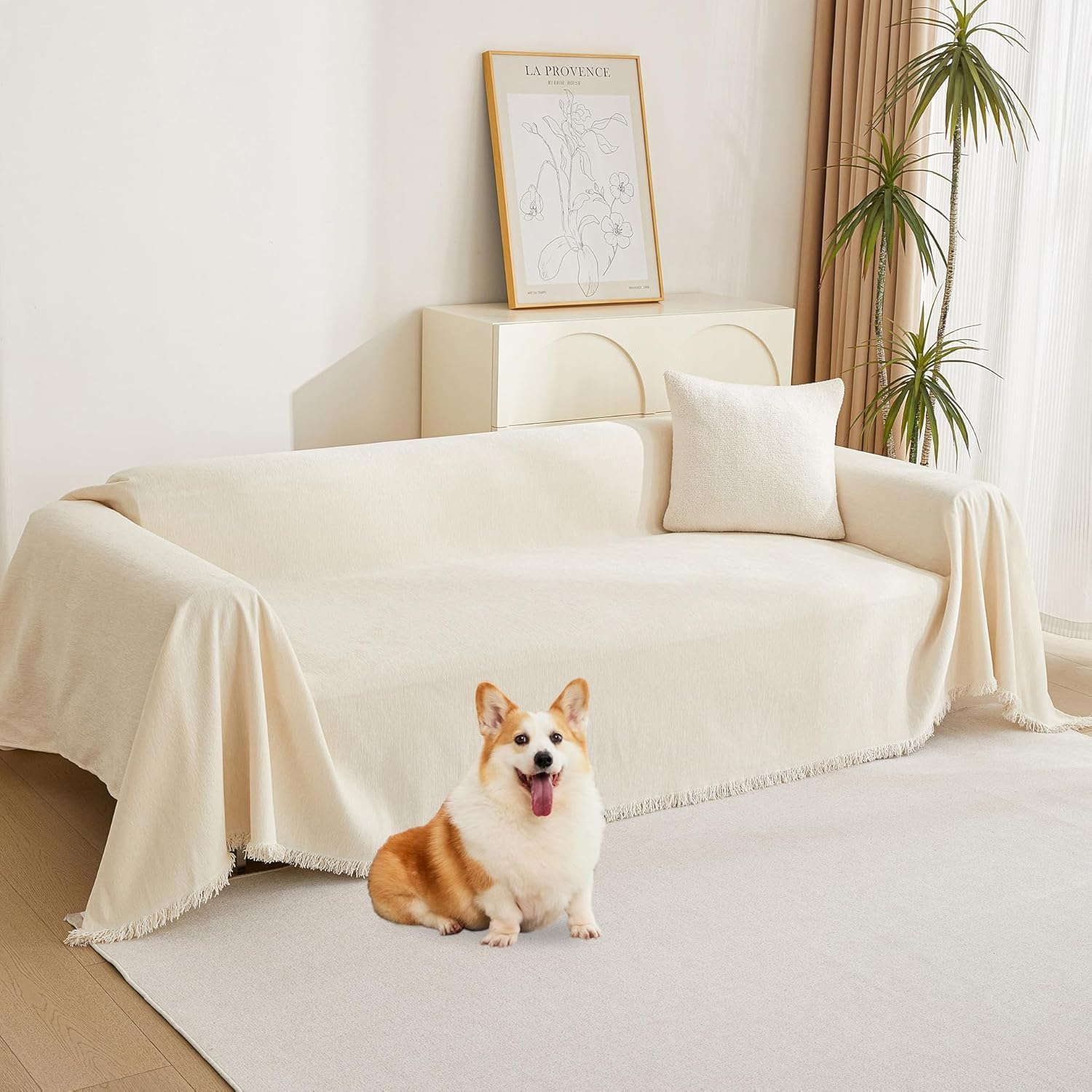 Couch Cover for Pets, Couch Covers for 2 Cushion Couch Sofa Sectional L Shape Chenille Sofa Cushion Covers for Pets, Throw Couch for Dogs, Kids (Beige, 180 X 300Cm)