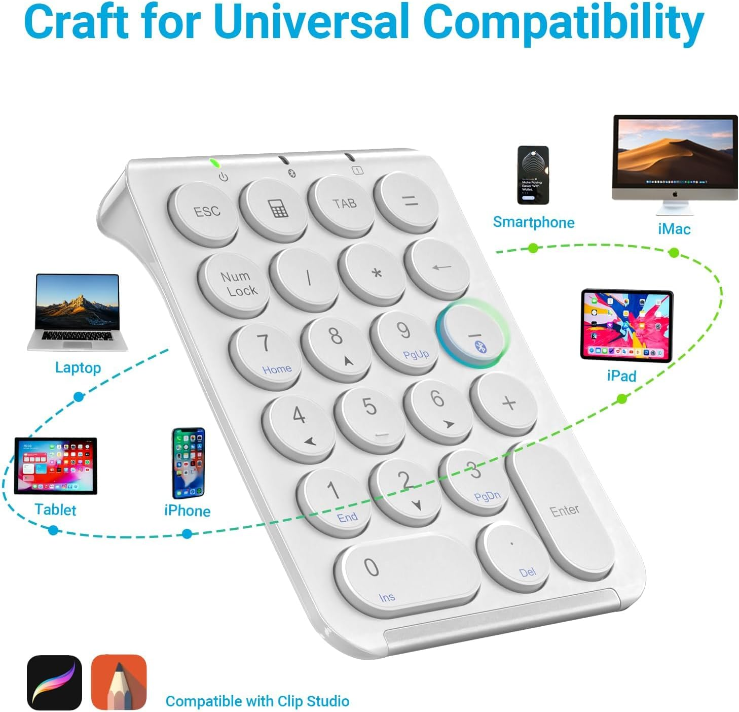 Iclever KP08 Wireless Numeric Keypad, 22 Keys Bluetooth Number Pad Portable Number Keyboard, USB-C Rechargeable, round Key, Financial Accounting, Compatible with Laptop PC Desktop, Mac, Surface,Tablet image number 3