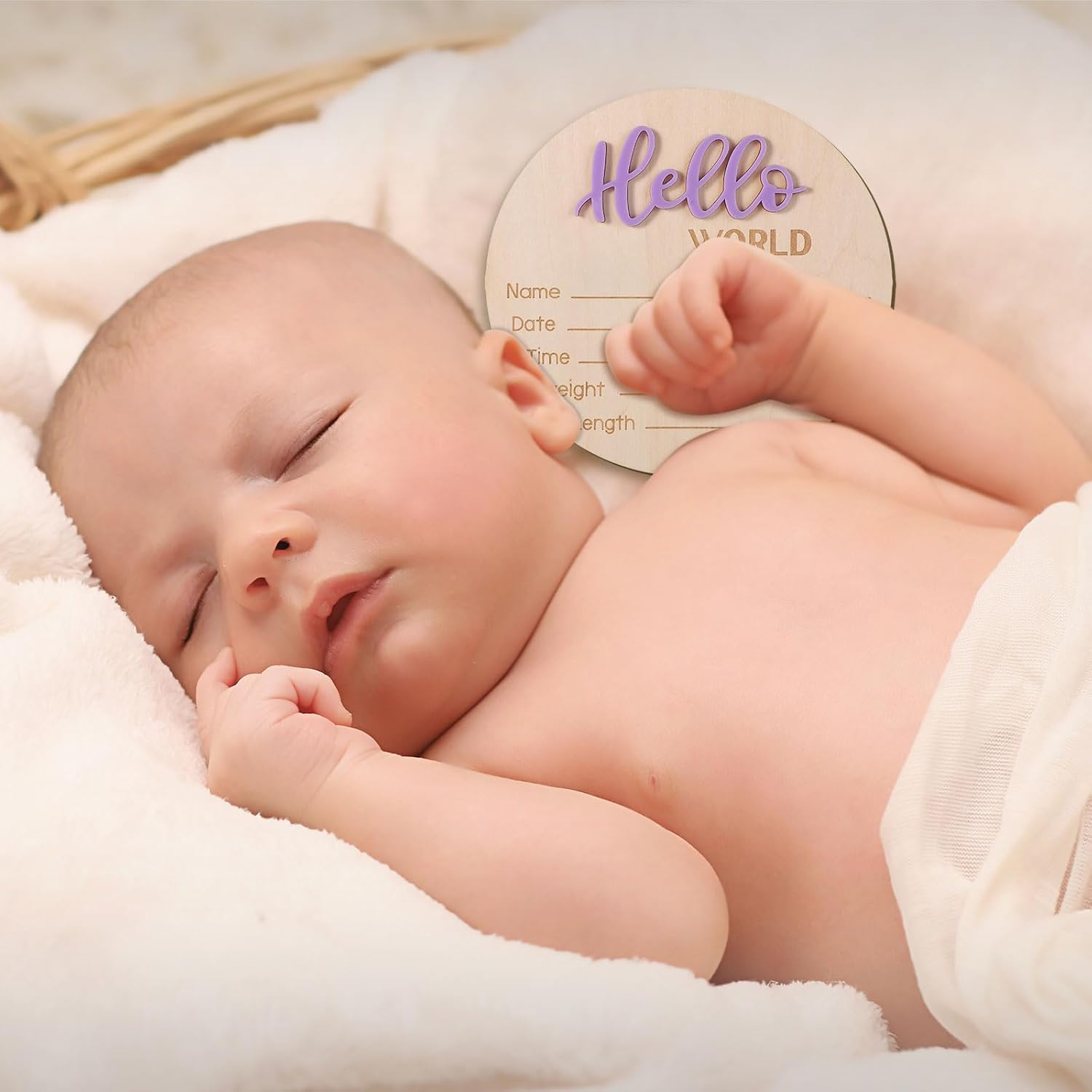 Newborn Announcement Sign, 5.9In Wooden Hello World Sign Baby Welcome Sign Birth Baby Name Plaques for Newborn Boys and Girls Photo Props Baby Shower Hospital Nursery (Light Purple) - Light Pink image number 6