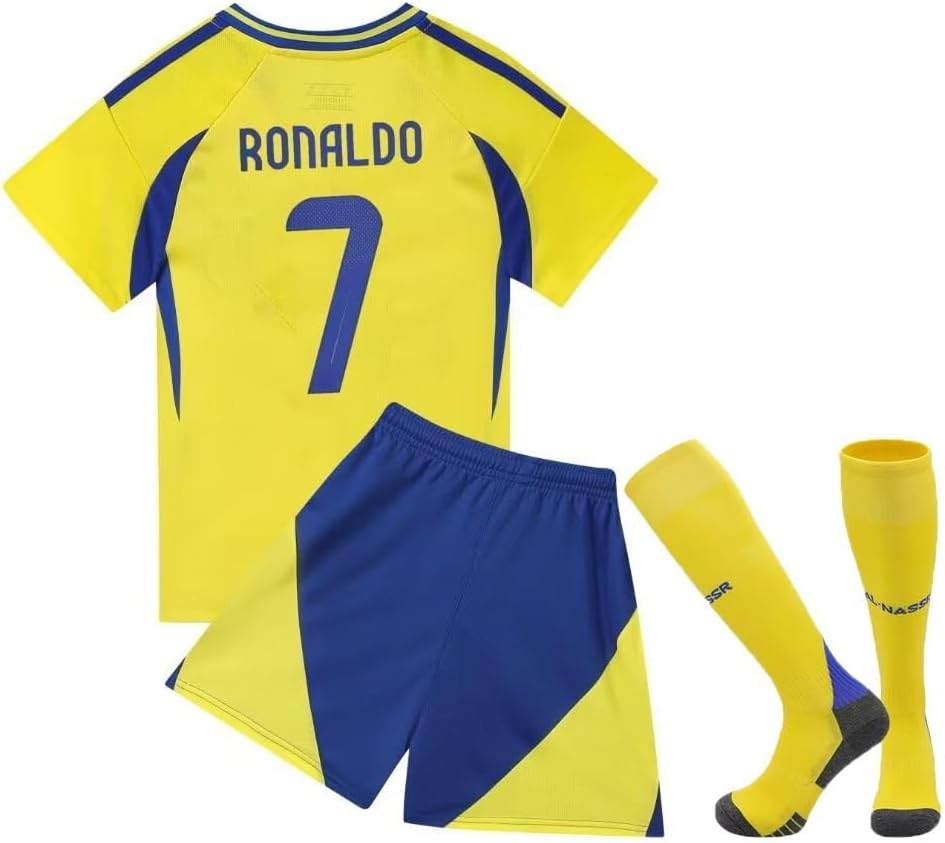 YEESON No #7 NASSR Riyadh Al Home #7 2024/2025 Kids Soccer Jersey/Shorts/Socks Gift Set for Fans Youth Sizes 22-28