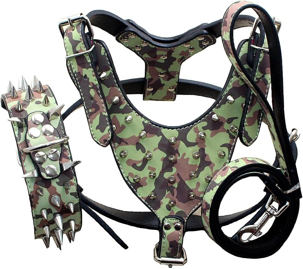 Haoyueer 3 Piece Set Leather Dog Collars Harnesses and Leads Sharp Studs for Medium Large Dogs Bull Terrier Mastiff Boxer Bull Terrier (M, Pink Leopard)