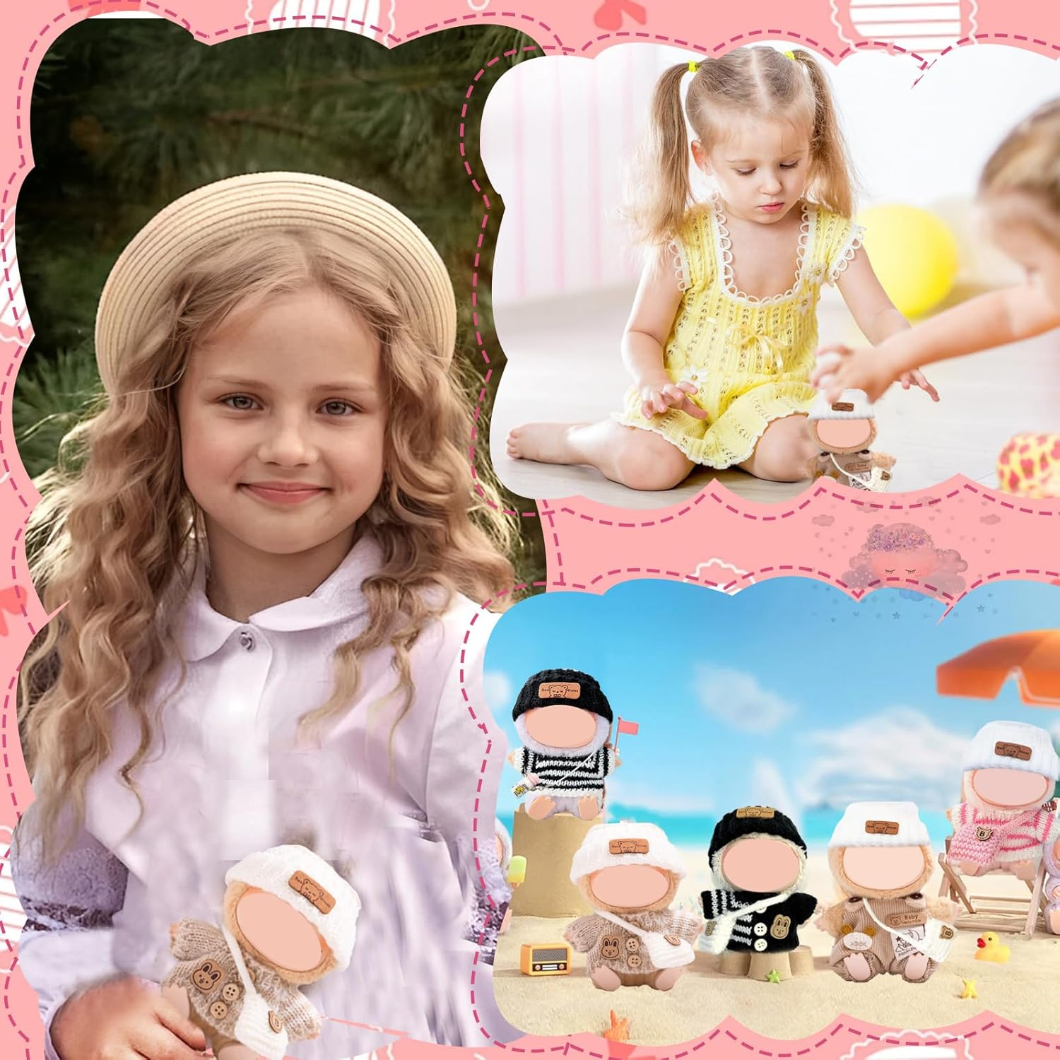 2 X Clothing for 17 Cm Labubu Plush with Pink Bottle Jumpsuit + White Bear Wool Hat + Pink Camera + Hair Accessories with Bow + Chanel Style Jumpsuit for Clothing DIY Children Gifts (Khaki) image number 5