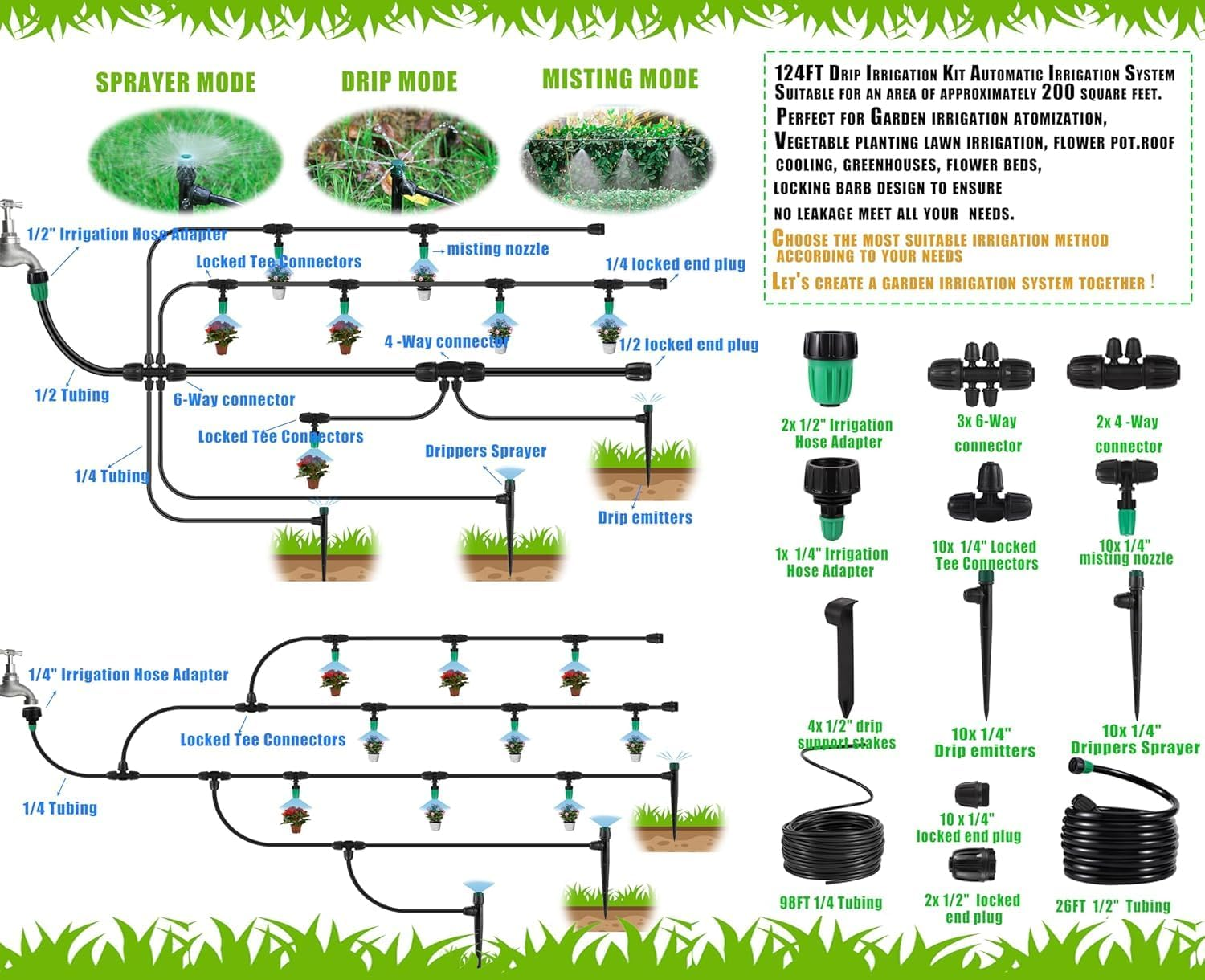 124FT Drip Irrigation Kit,Automatic Irrigation System Garden Watering Misting System with 1/4 Inch 1/2 Inch Irrigation Tubing Hose for Yard, Lawn,Greenhouse image number 6