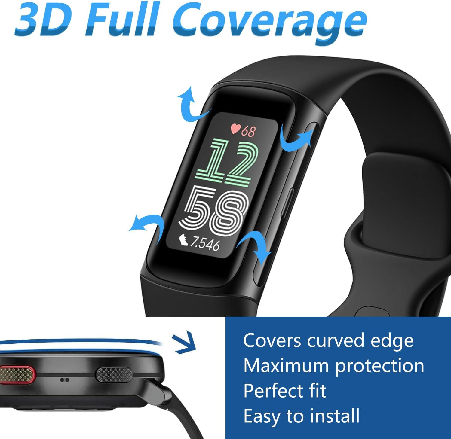 Rnnmeeko Pack of 3 Screen Protectors for Fitbit Charge 6, Protective Glass for Fitbit Charge 6, Tempered Glass, Ultra HD Clear for Fitbit Charge 6, Tempered Glass Film, 3D round Edge Screen Protector image number 6