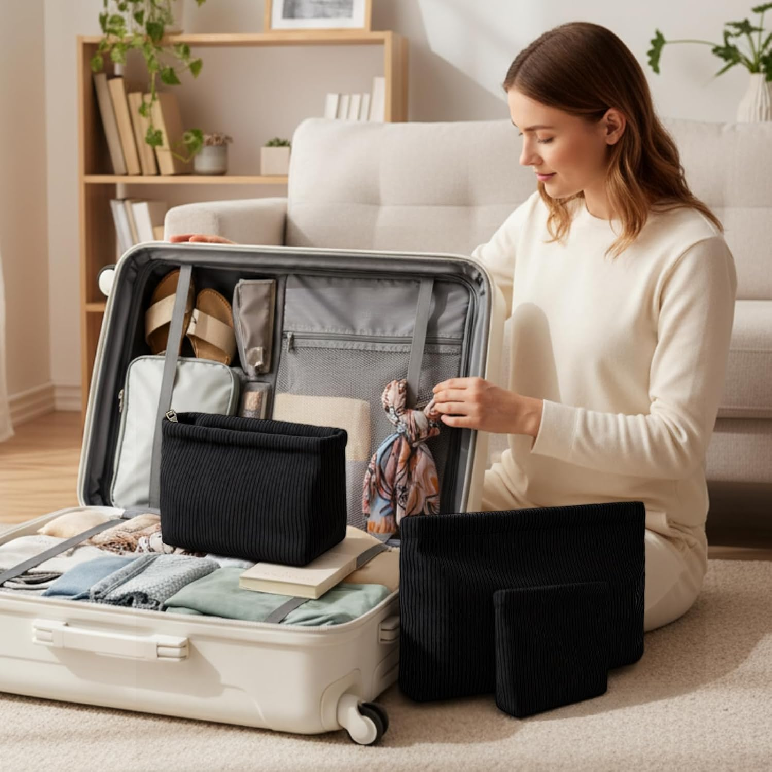 Sanwuta 3 Pack Corduroy Makeup Bag Set Cosmetic Toiletry Travel Pouch Organizer Velvet Makeup Bag for Women Large Pouch Zipper Purse Make up Organizer, Women Girls Gift, Black, Corduroy image number 4