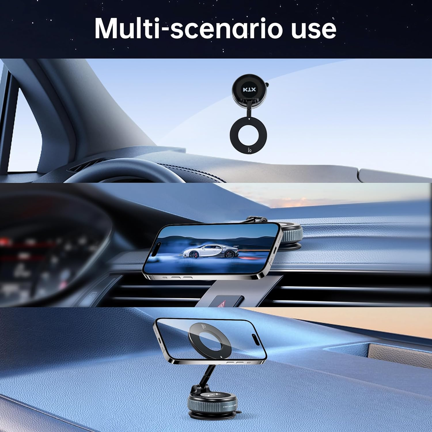 KTX Magnetic Car Mount Holder with Adjustable Ring Base, 360&deg; Rotation Dashboard Phone Stand Compatible with Magsafe &ndash; Strong Magnet, Secure Lock Design, Easy One-Hand Use image number 2