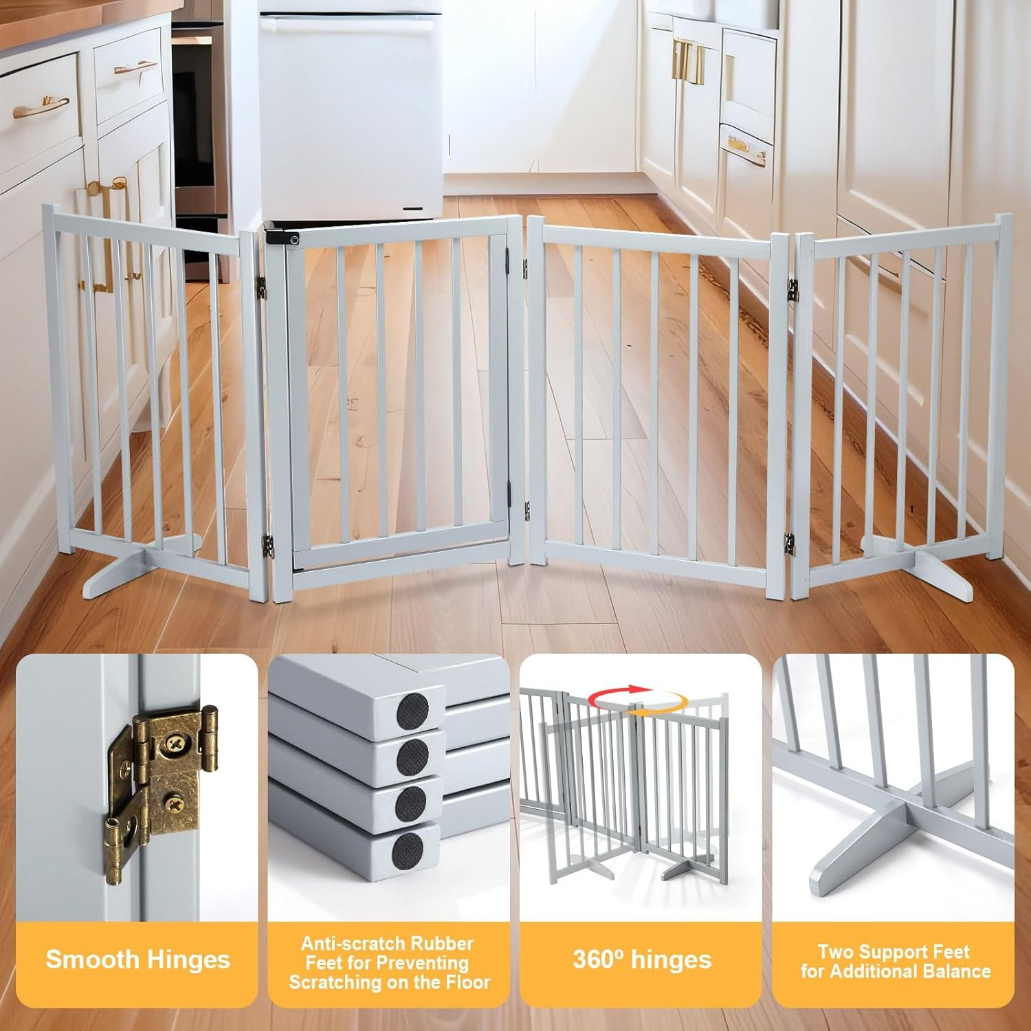 4 Panels Freestanding Wooden Pet Safety Gate,Foldable Puppy Dog Fence Safety Guard,Indoor Pet Playpen Pet Barrier Protection Net Stair Partition,Grey image number 4