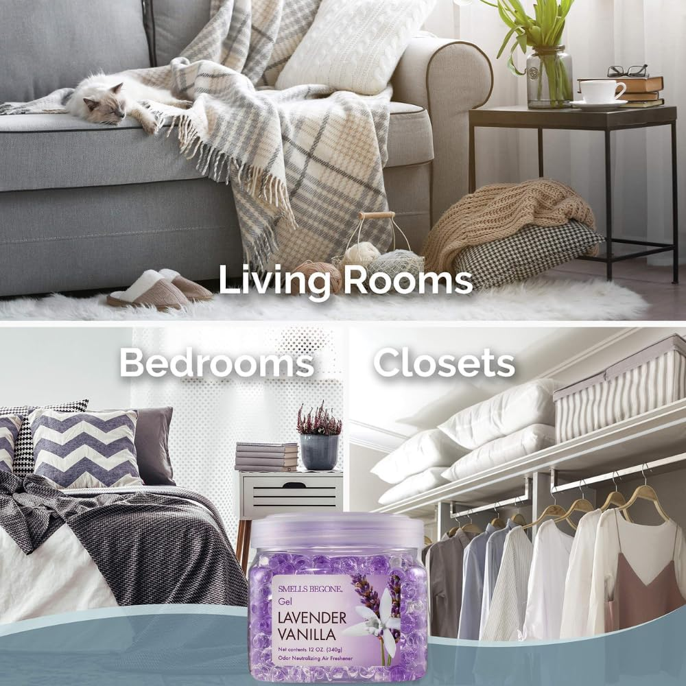 SMELLS BEGONE Odor Eliminator Gel Bead Value Pack - Air Freshener - 2 X 12 Ounce + 48 Ounce Refill (Purple) image number 1