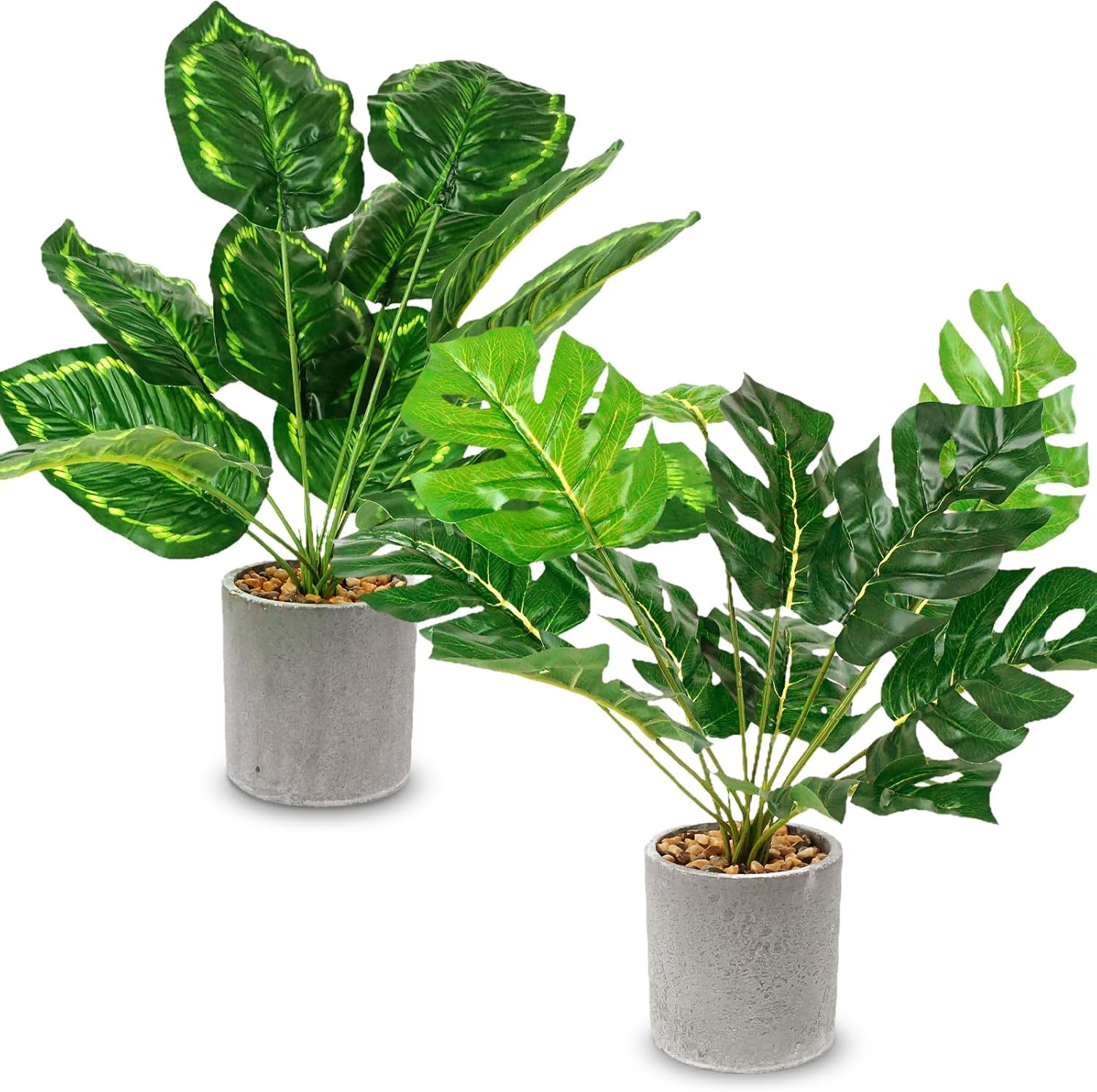 Lenamos 2 Pack Fake Plants Artificial Potted, 16" (40Cm) Faux Plants for Office Desk Home Farmhouse Decor Desk Shelf Living Room Bathroom Kitchen Greenery Decoration (Monstera Leaf + Peacock Leaf)