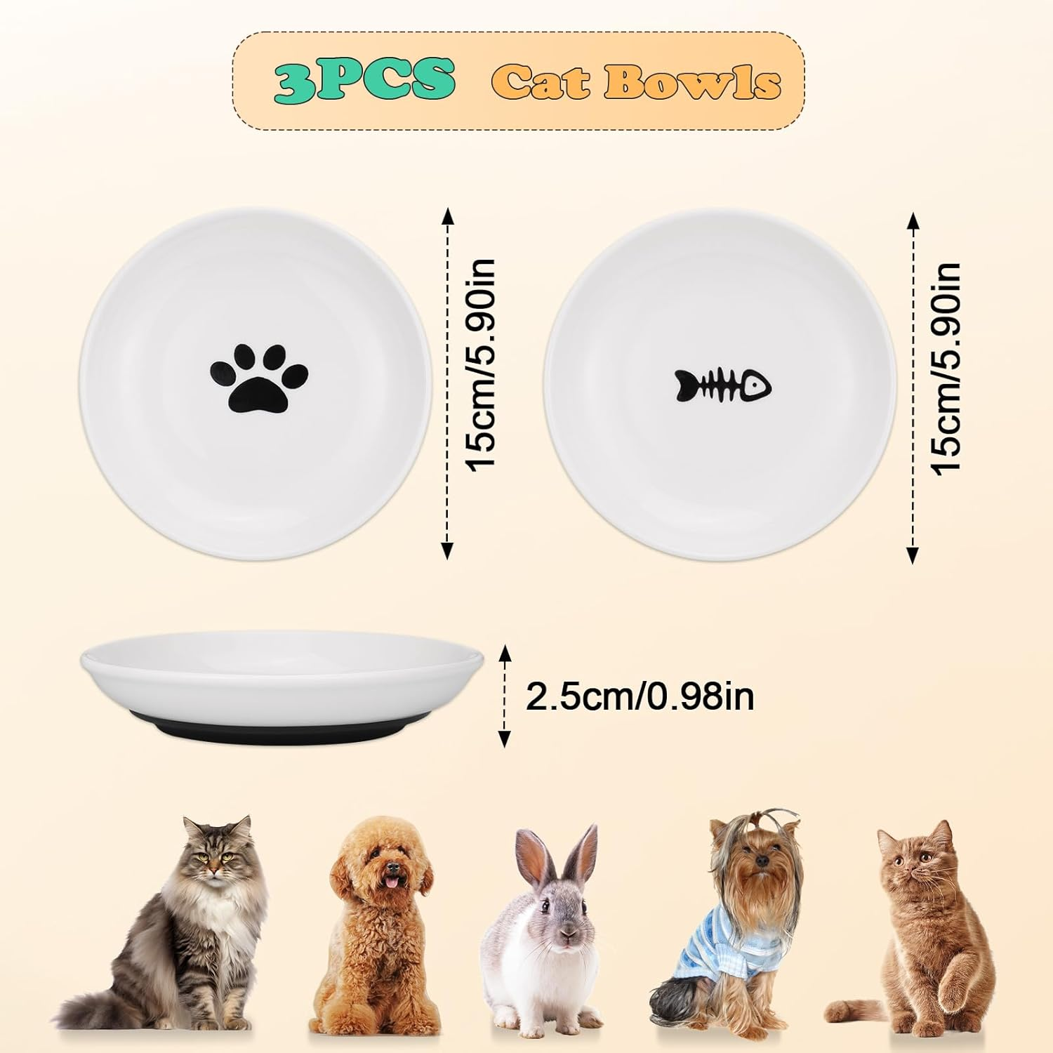 Hejo Pack of 3 Ceramic Cat Bowls, Feeding Bowl for Cat, Non-Slip Feeding Bowl for Cat, Flat Cat Plate, Cat Bowl for Cats image number 1