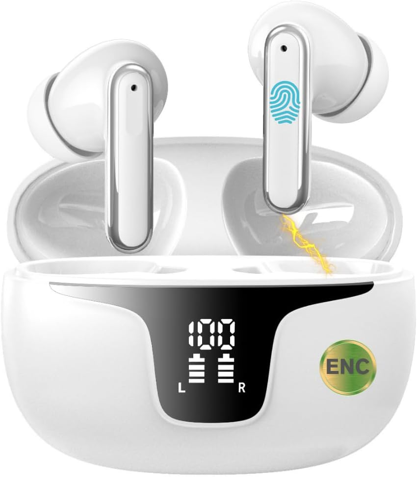 Wireless Earbuds Bluetooth 5.3 Headphones with 4 Noise Cancelling Mics, ANC ENC, Hifi Stereo Sound, LED Power Display, 40H Playtime &ndash; True Wireless Earphones AU (ANC+ENC, White)