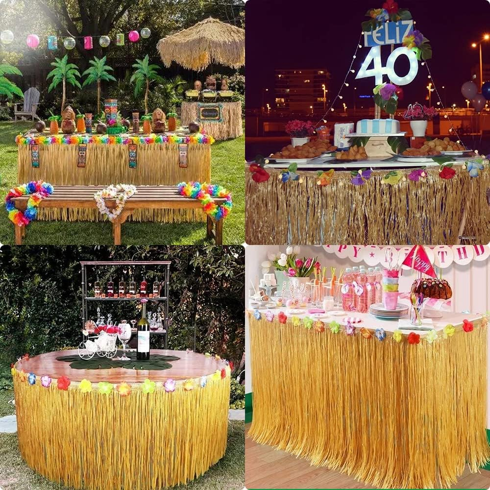 YSHIGUING Hawaiian Luau Table Skirt, 9Ft Rectangular Plastic Table Cloth, Yellow, 276 X 75 Cm, Tropical Party Decorations image number 4