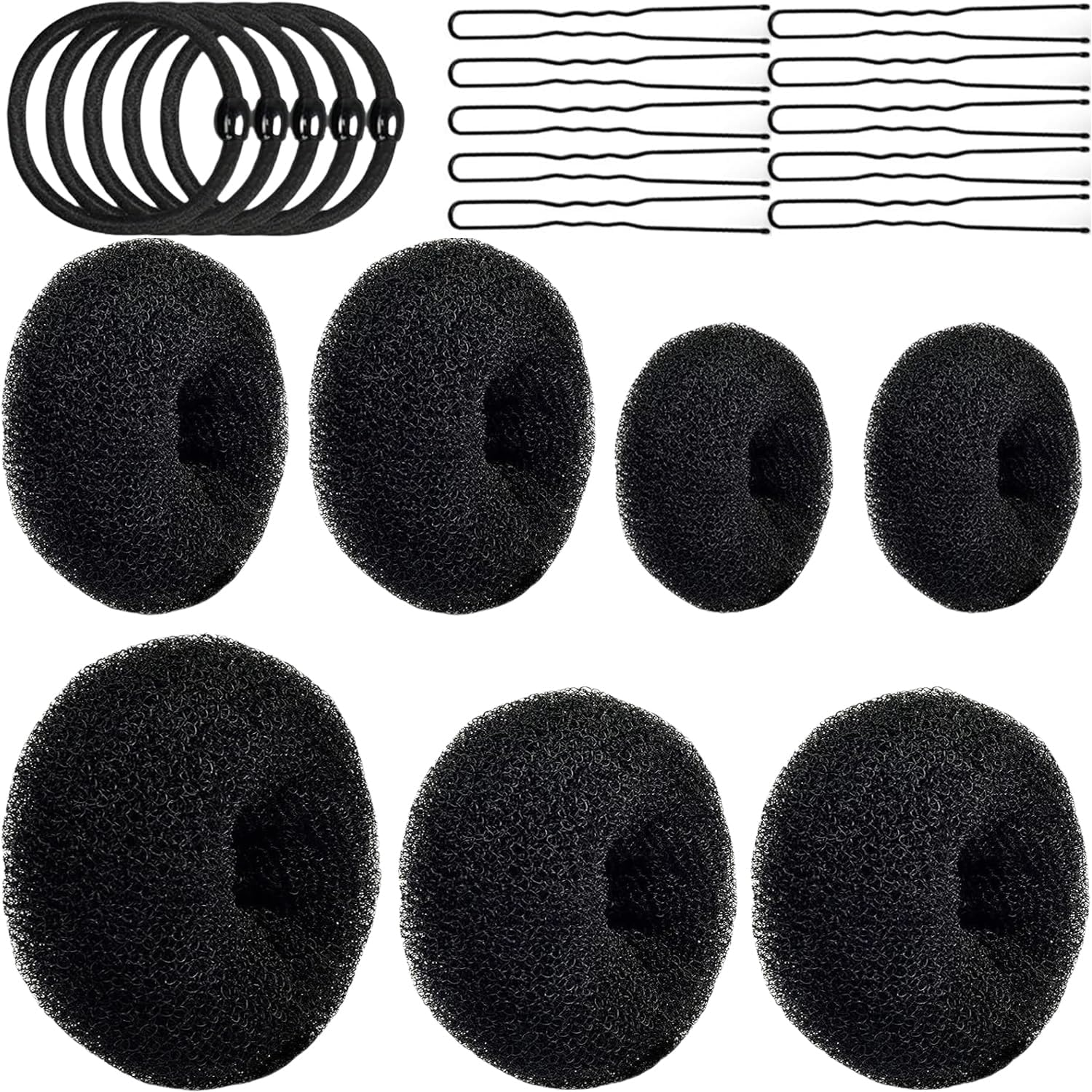 Hair Bun Maker 32 Pieces Set,Donut Hair Bun Shaper with 7Pcs Dark Brown (1Extra-Large, 2 Large, 2 Medium and 2 Small), 5 Pieces Hair Elastic Bands, 20 Pieces Hair Pins (Black)