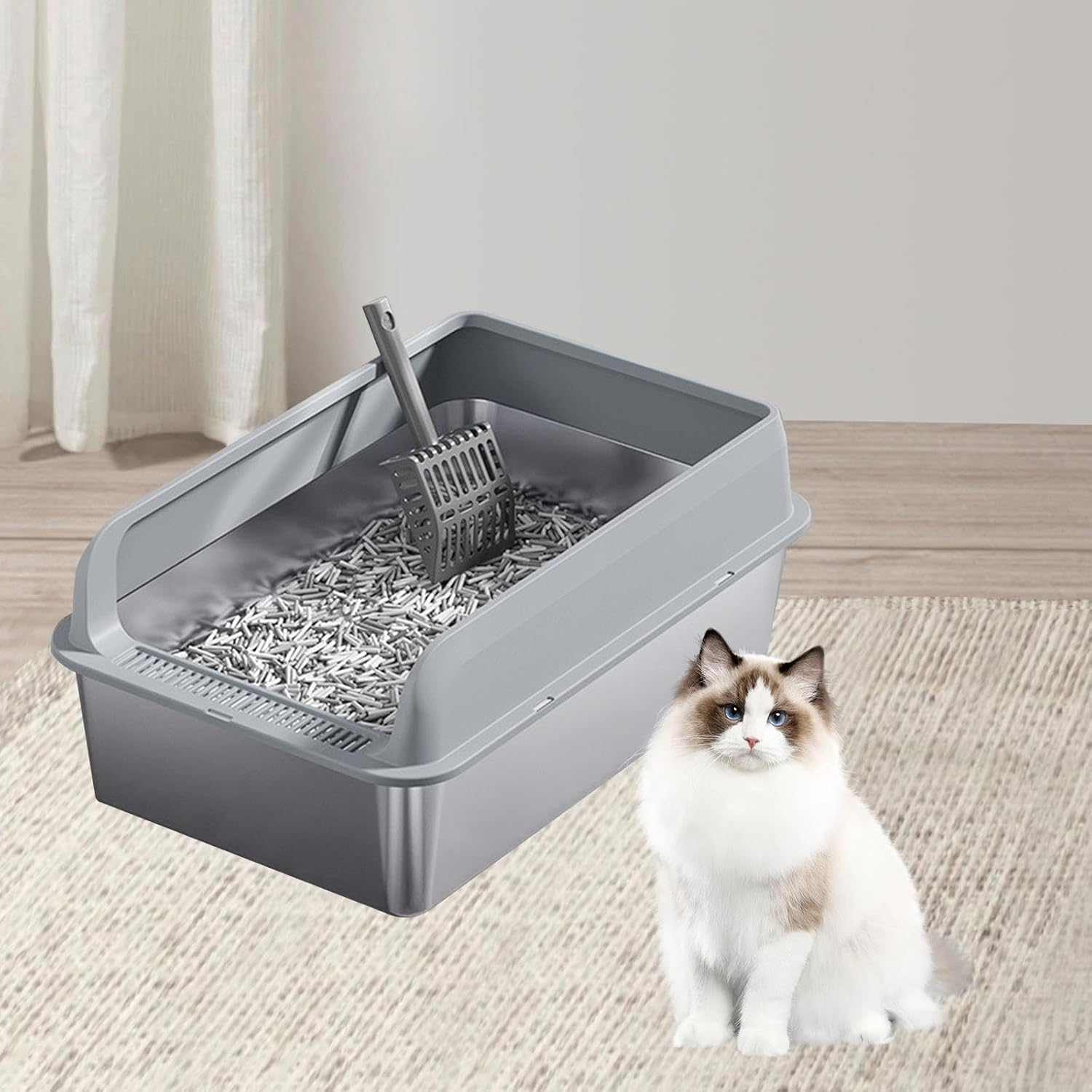 Yajuyi Sleek Stainless Steel Cat Litter Box for Easy Maintenance, Light Grey and M