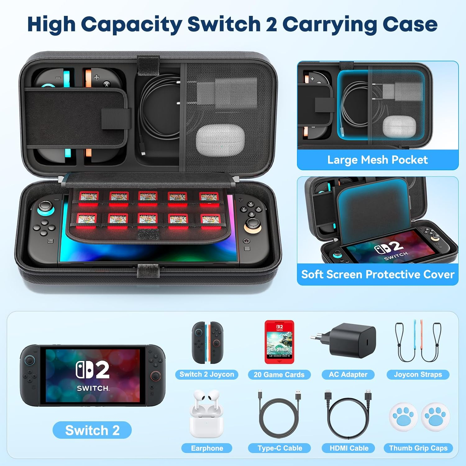 Gersker Switch 2 Carrying Case Compatible with Nintendo Switch 2, Custom Spot for Switch 2 Joycon & AC Adapter, Hard Switch 2 Case Travel Bag with Foldable Stand Function for Console & 20 Games Cards