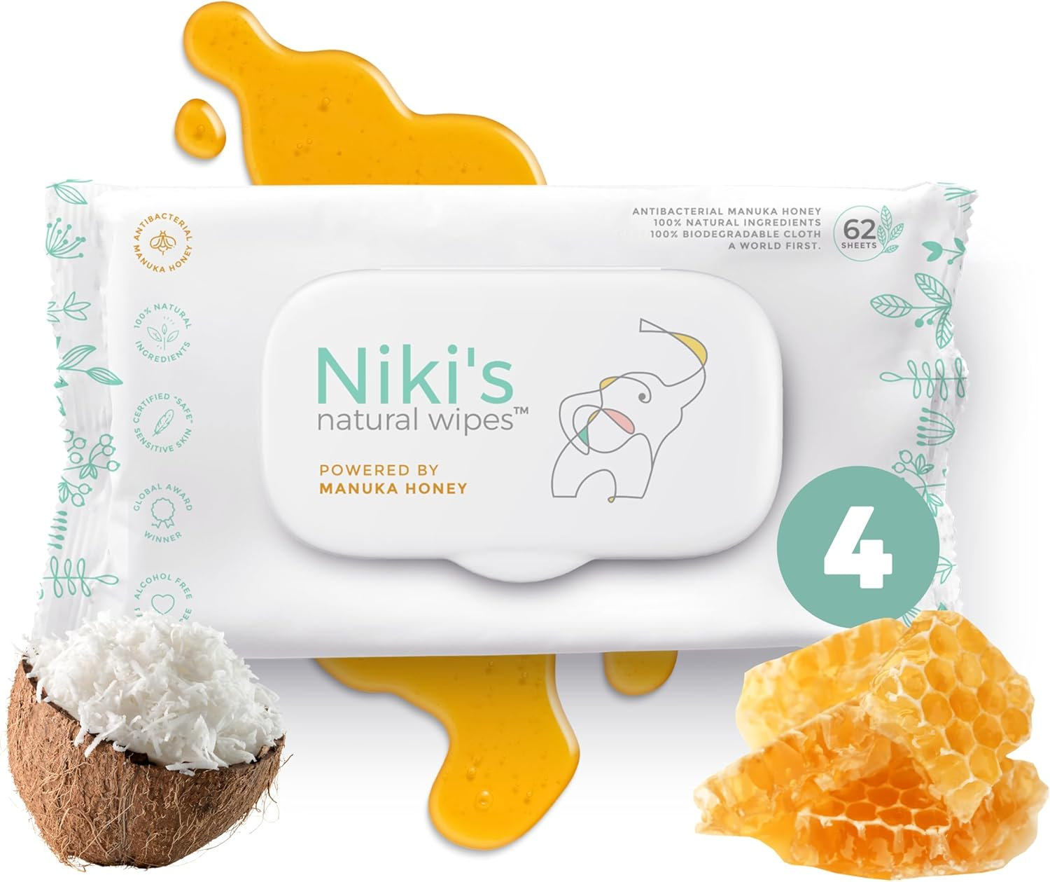 Niki'S World'S First All Natural Baby Wipes with Manuka Honey and Coconut Oil, White, 248 Count, Pack of 4 image number 2