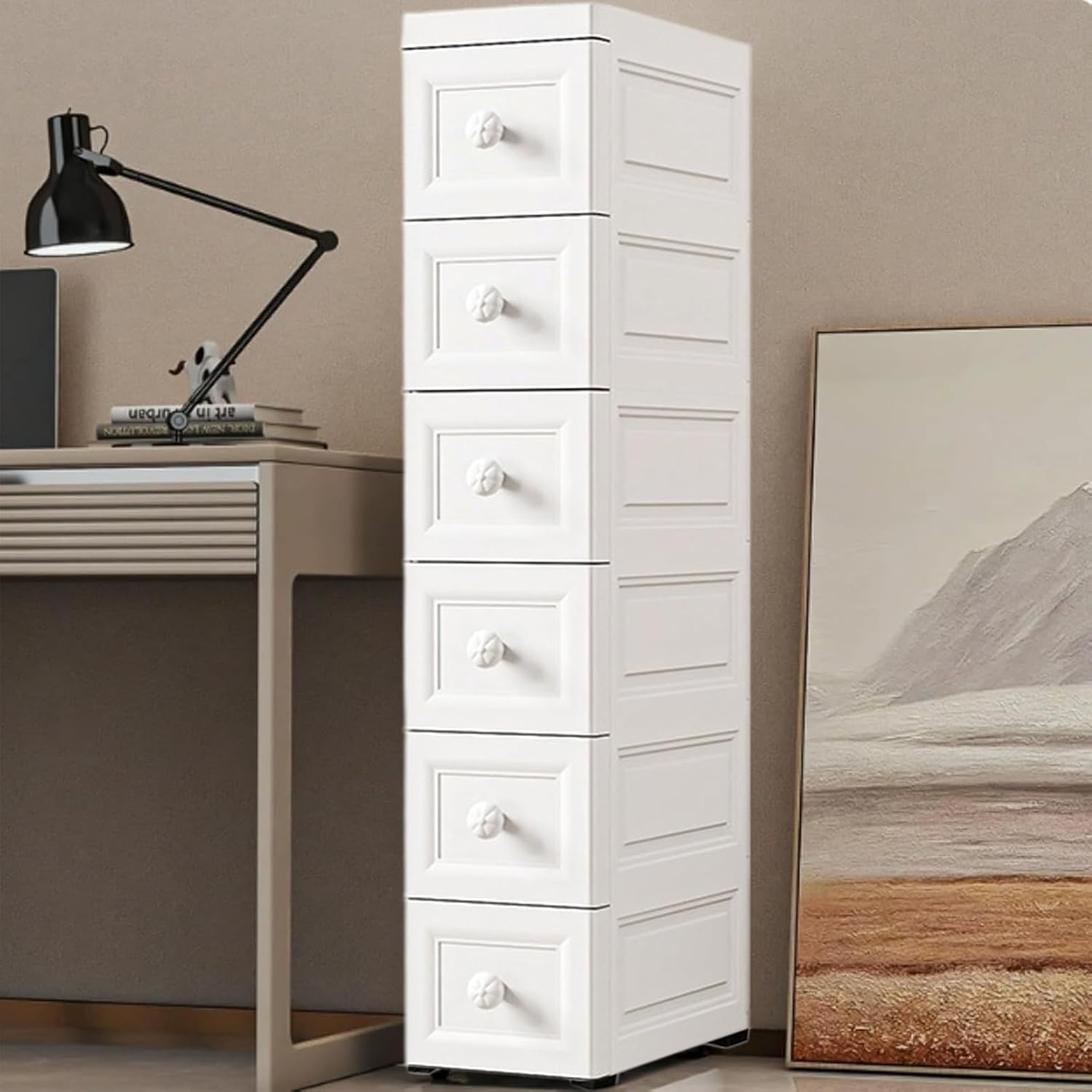 Uandhome 6 Tier Slim Narrow Bathroom Cabinet,Plastic Bathroom Storage Cabinet,Standing Storage Cabinet with Slide Out Drawers,Waterproof Storage Cabinet for Bathroom,Living Room,Kitchen (Grey)