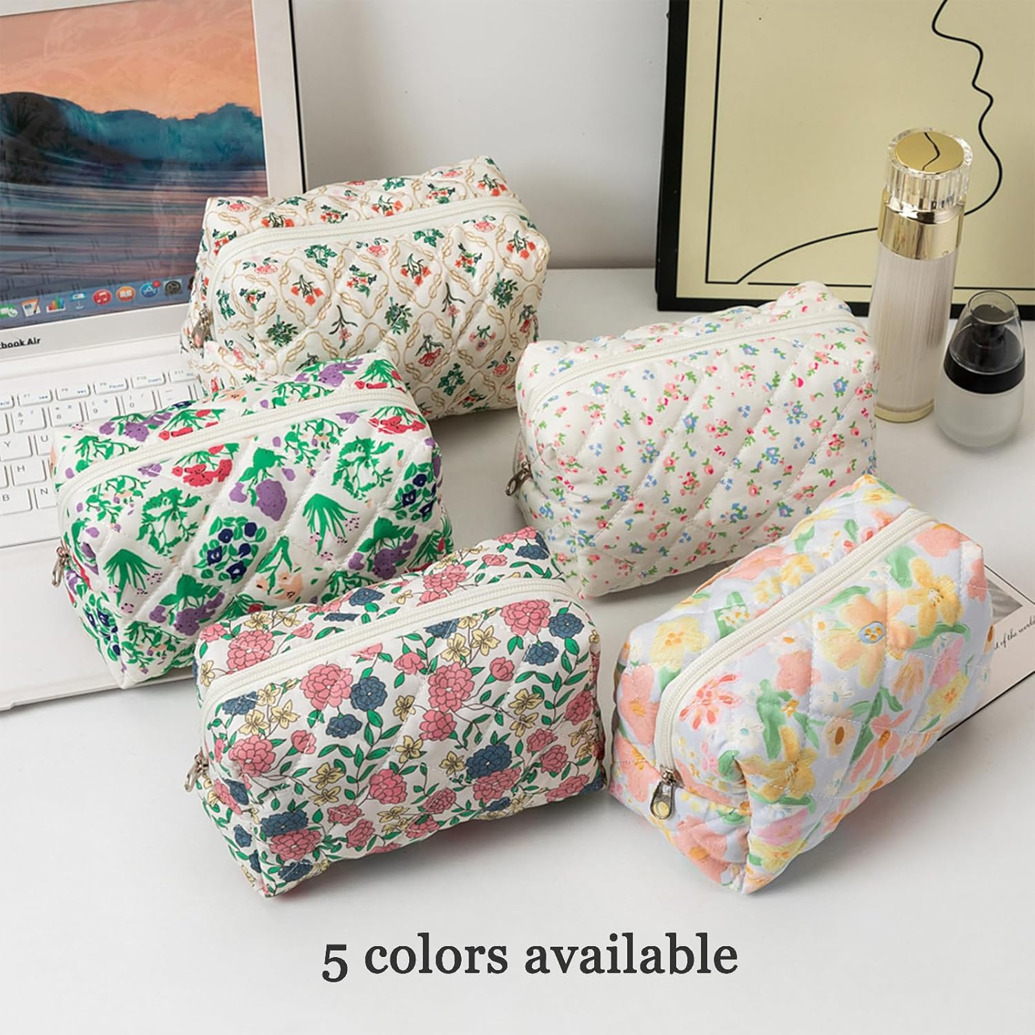 Makeup Bag Quilted Cosmetic Bag Floral Large Pouch,Coquette Toiletry Bag Travel,Large Capacity Aesthetic Makeup Bags Zipper image number 5