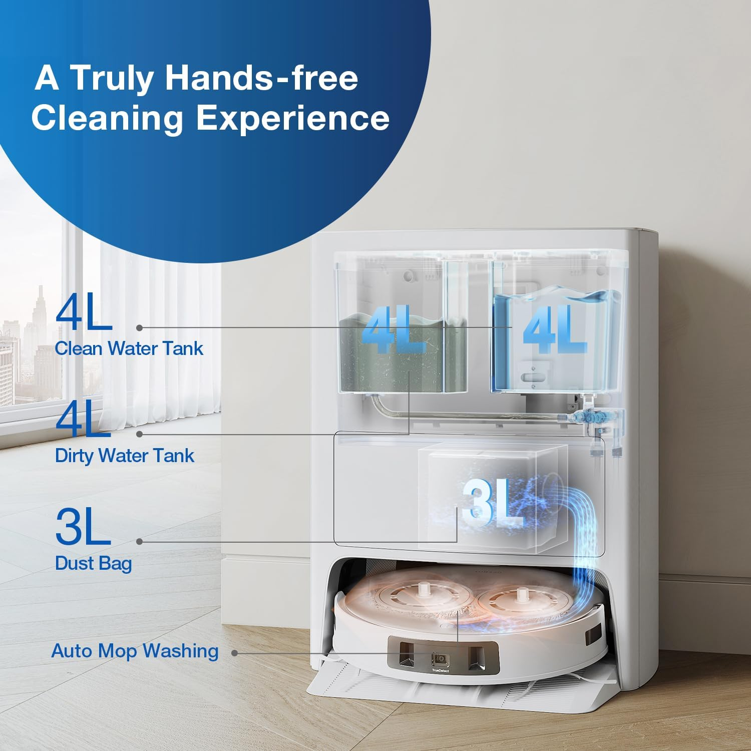 ECOVACS DEEBOT T20E Omni Robot Vacuum Cleaner 7100Pa, Auto Mop Lifting/Auto Mop Washing/Hot Air Mop Drying/Auto-Emptying, 3D Structured Light Obstacle Avoidance, Dual Mops, 3D Maps image number 5