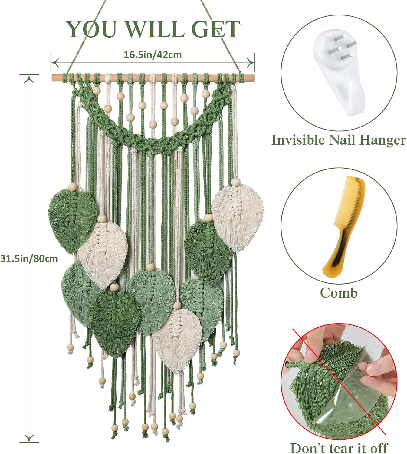 Weldomcor Macrame Wall Hanging Boho Leaf Woven Tapestry, Bohemian Chic Home Decor Modern Handmade Leaves Feather Wall Art Decorations for Bedroom Living Room Apartment Ornament (Green) image number 5