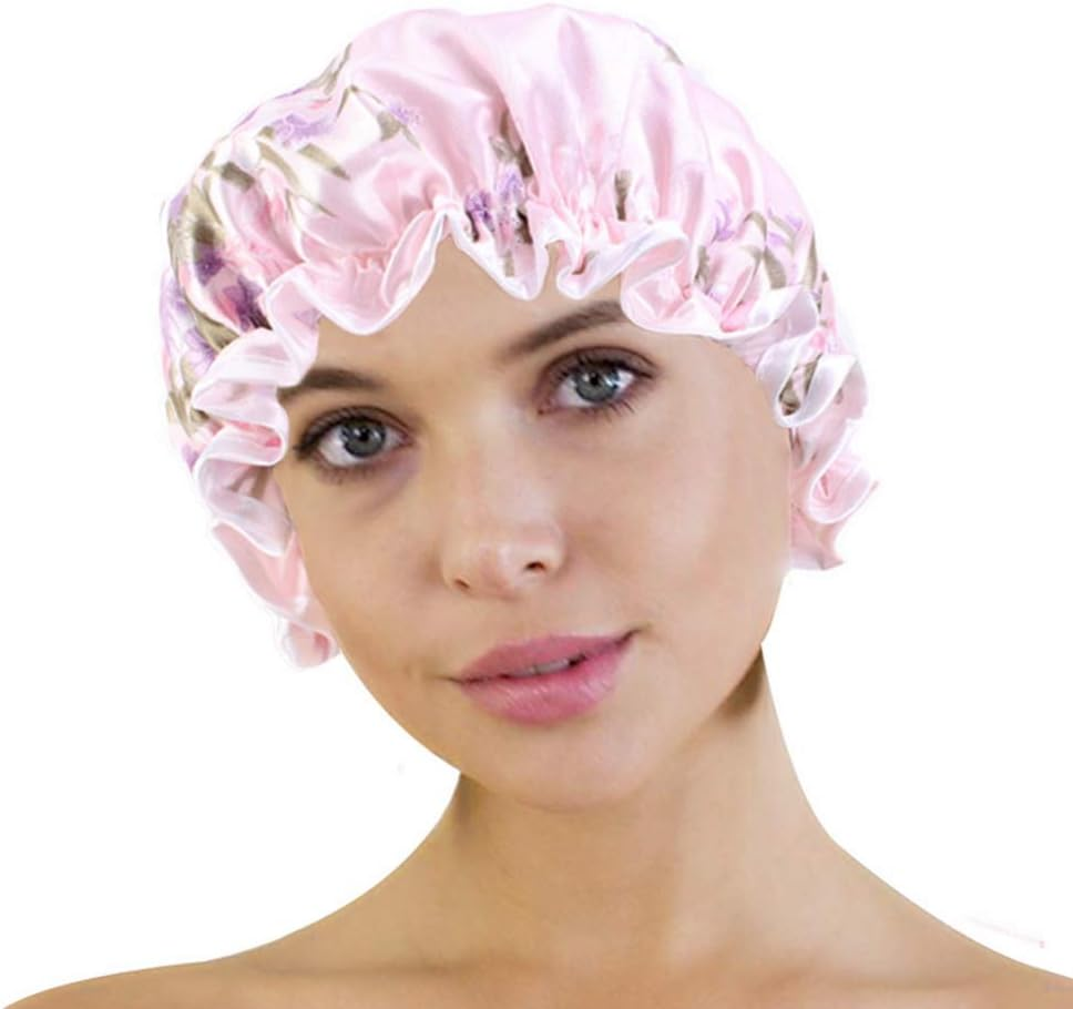 COMVIP Women Waterproof Elastic Band Bathing Cap Sleep Stain Bonnet G: Pink image number 3
