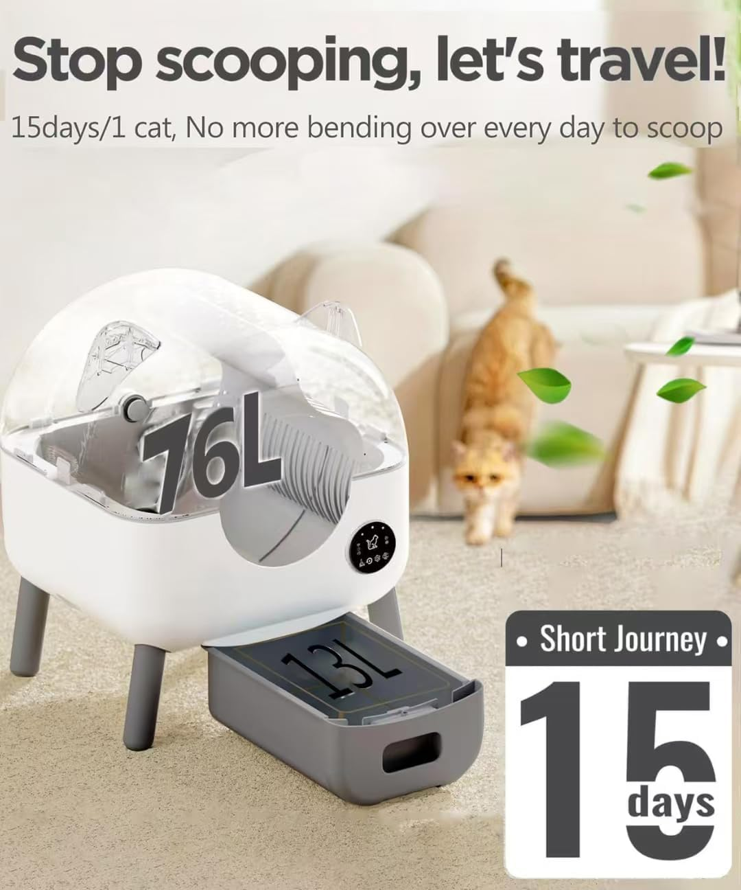 APEXORIGIN Self Cleaning Cat Litter Box, 76L+13L Extra Large Automatic Litter Box with Safety Protection, App Control, Odor-Free/Low Noise, Multi-Cat Design, Brush/Incense/2 Garbage Bags (White)