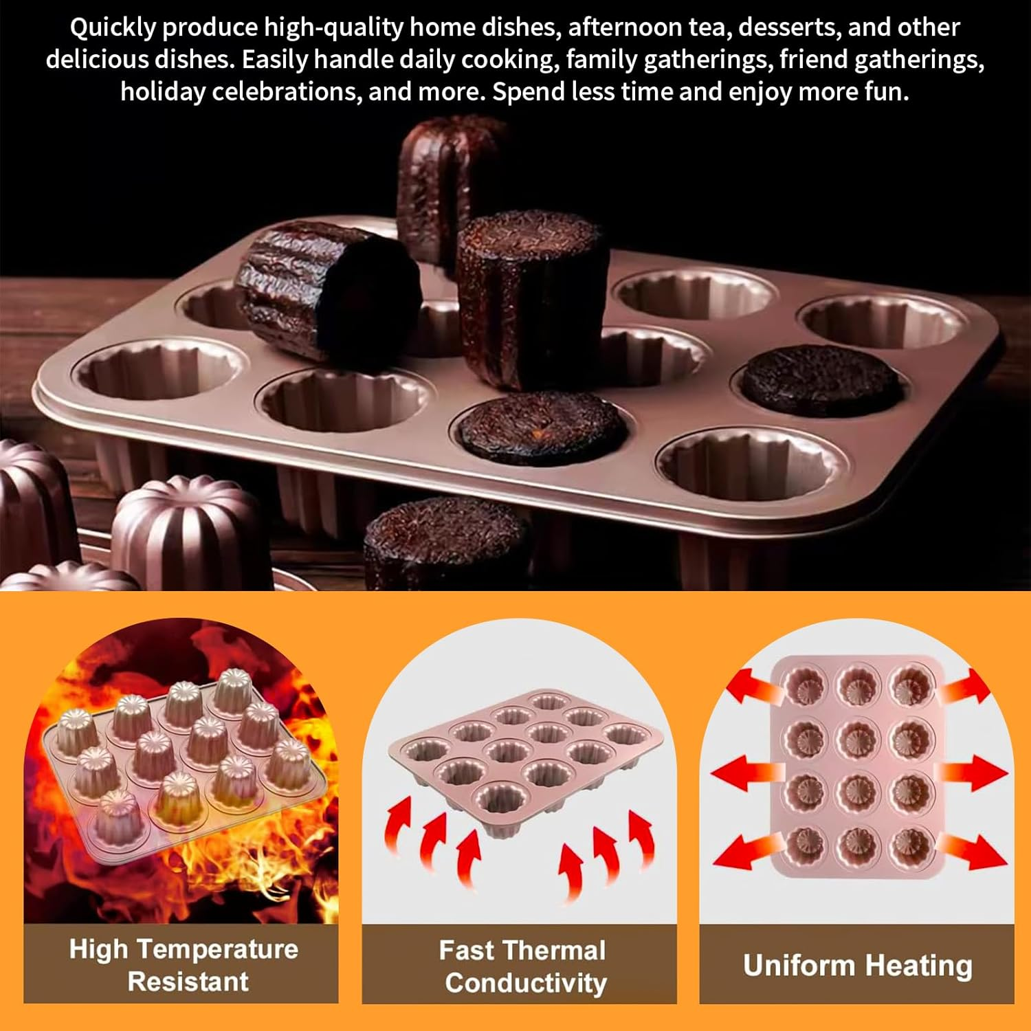 Canele Mold Cake Pan Non-Stick Carbon Steel Canel&eacute;s Baking Pan for Oven, Professional French Pastry Molds for Homemade, Muffin Cupcake, Heavy Duty Bakeware with Smooth Release (12-Cavity) image number 3