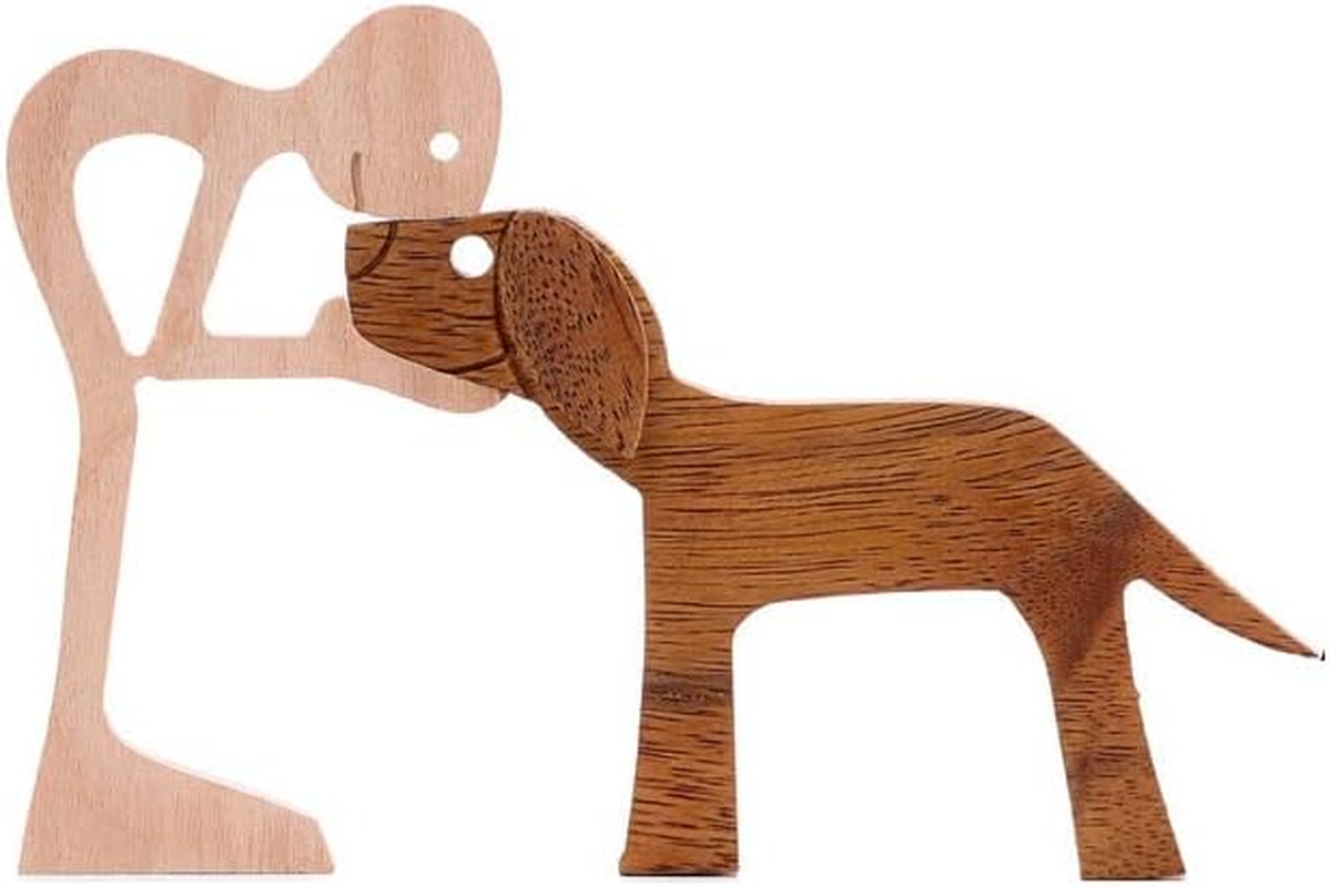 AIMALL Handmade Wooden Statue, Sitting Woman and Dog, Carved Wood Decor Craft, 7.5X5X0.4 Inches, Natural Wood Colour, Rustic Home Decoration