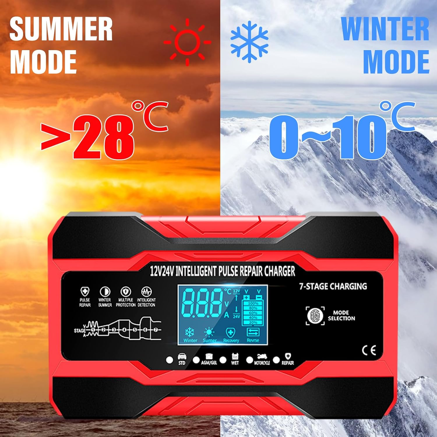 Car Battery Charger 10-Amp, 12V/24V Smart Car Charger with LCD Display，Trickle Charger Fully Automatic Battery Maintainer with Temperature Compensation for Car Truck Lawn Batteries image number 6