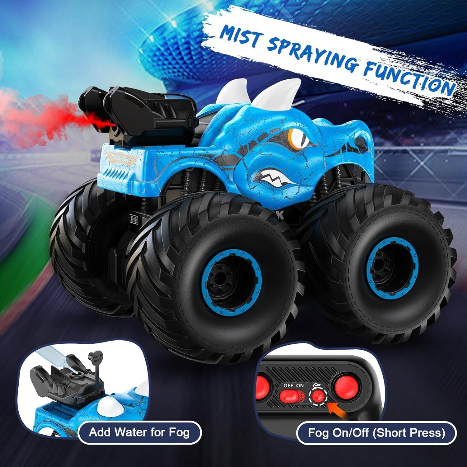 Remote Control Dinosaur Car, 2.4Ghz RC Monster Trucks for Boys with Spray, Light & Sound, All Terrain RC Cars with 2 Batteries, Dinosaur Toys for Kids 3 4 5 6 7 8, Christmas Birthday Gift (Blue)