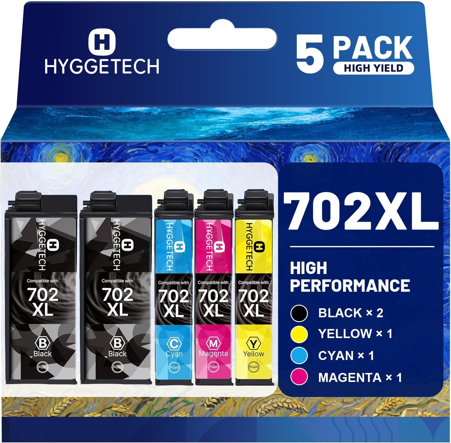 702XL Ink Cartridges Compatible with Epson 702XL Ink Cartridges Use for Epson Workforce Pro WF-3720 WF-3725 WF-3730 Printer (2Black Cyan Magenta Yellow, 5 Pack)