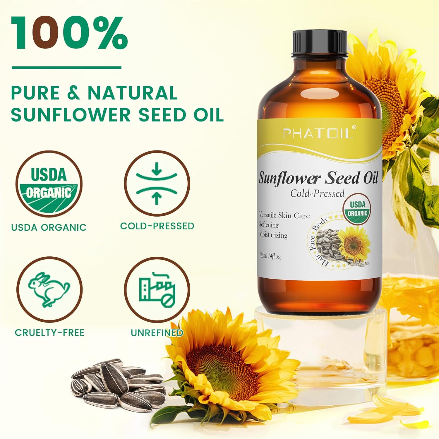 PHATOIL Organic Sunflower Seed Oil for Skin 118 Ml (4 Fl.Oz), USDA Certified Organic, Cold Pressed Sunflower Oil in Glass Bottle for Hair, Body Moisturizer, Carrier Oil for DIY, Massage image number 5