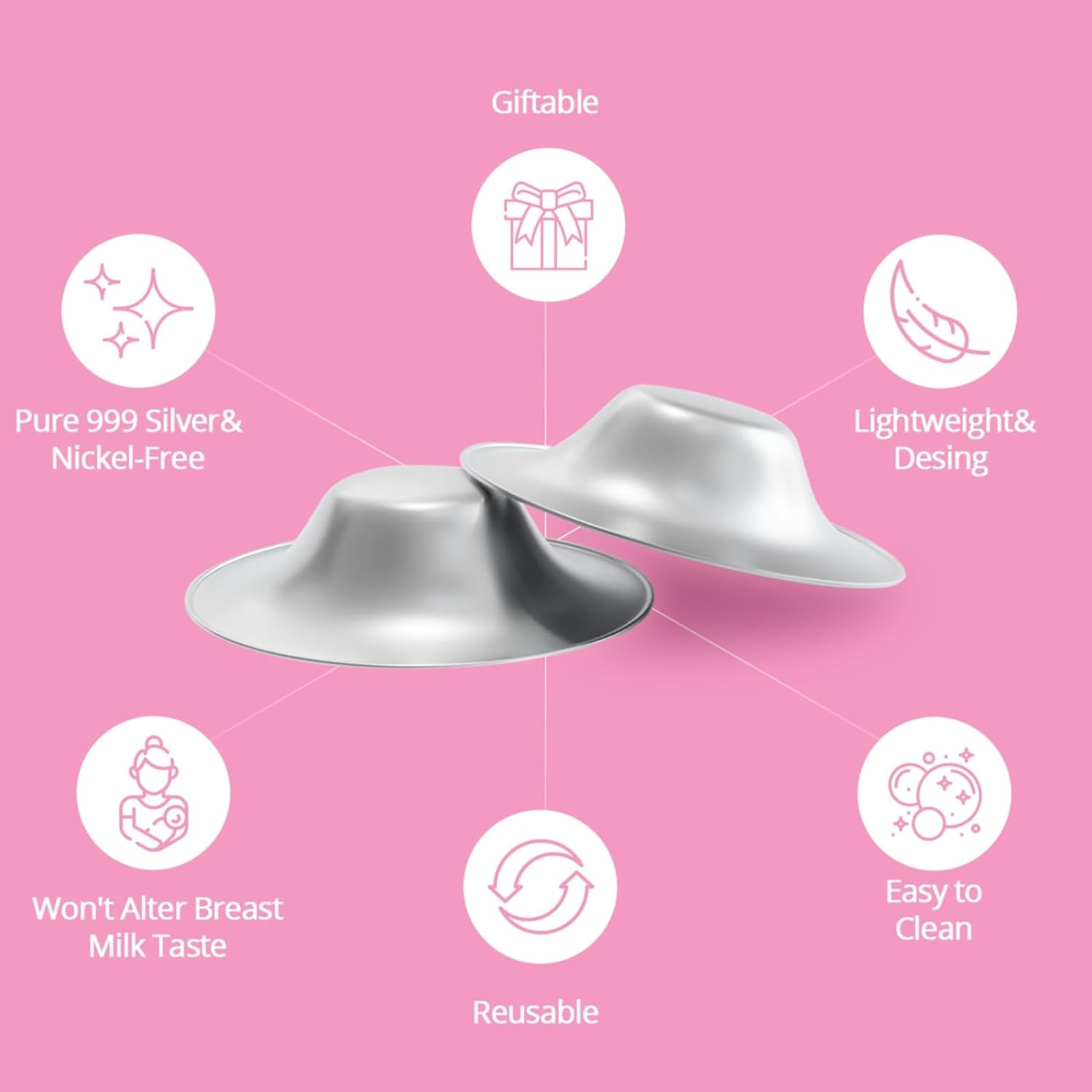 The Original Silver Nursing Cups - Nipple Shields for Nursing Newborn - 100% Pure Silver 999 Carat and Handmade - Nipple Covers Breastfeeding