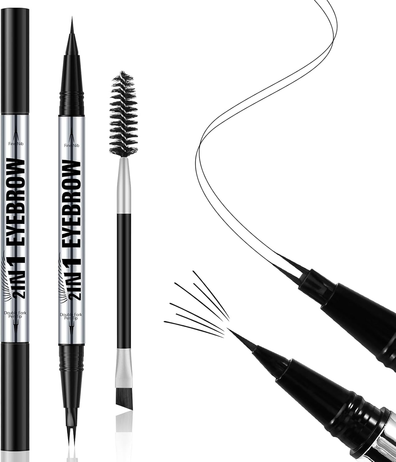 Waterproof Eyebrow Pen, Dual-Ended 2 Forks Microblading Brow Pen and Brush Set, Ultra-Precise Liquid Eye Brow Pencil, Eyebrow Makeup Pencil for Women