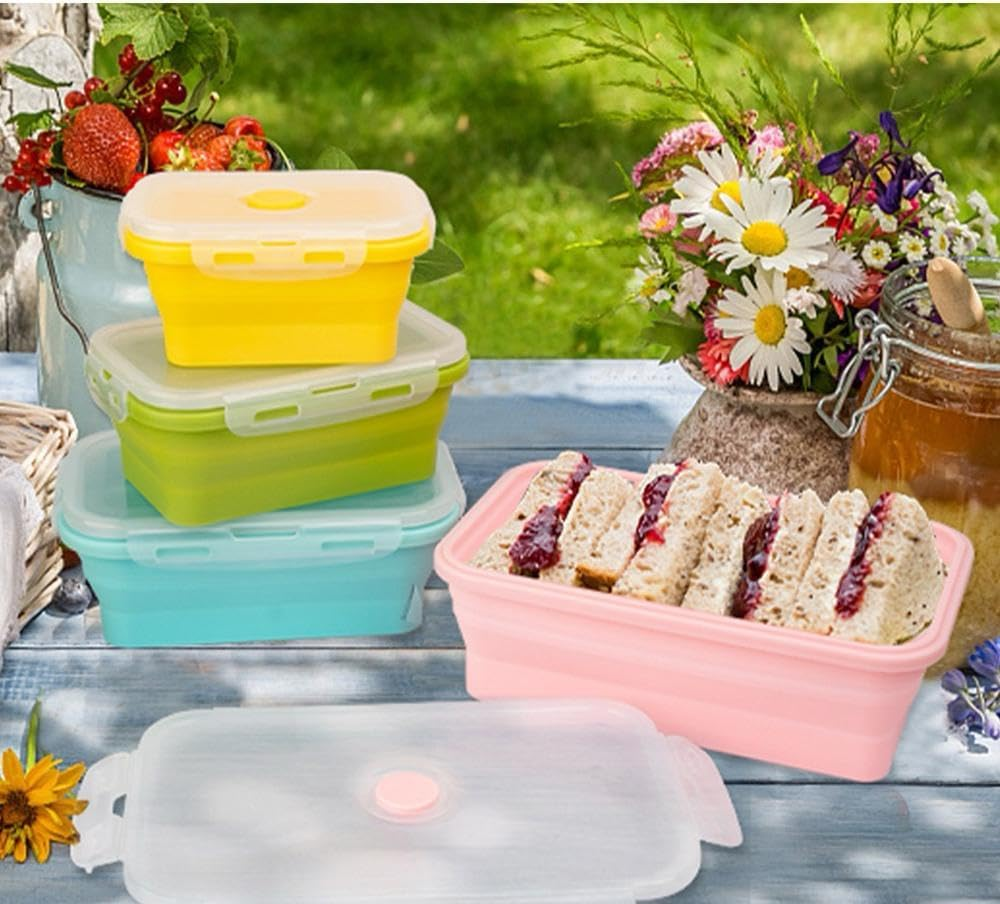 Pack of 4, Collapsible Food Supplement Box, Collapsible Silicone Food Storage Container with Clip-On Lid, Stackable, Space Saving, Dishwasher Safe, BPA Free image number 3