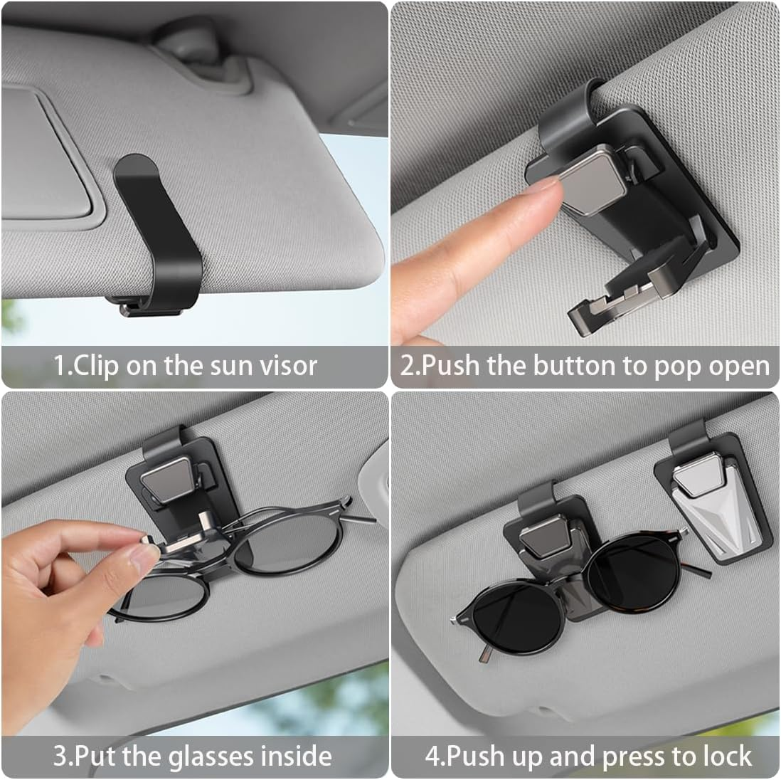 2 Pack Sunglasses Holders for Car Visor,Snap on Car Sunglasses Holders Clip,Car Visor Accessories for Most Glasses (Black Silver) image number 2