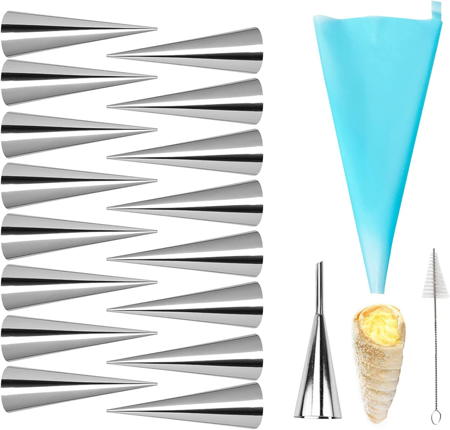 Joyeee 16 Pack Stainless Steel Cream Horn Molds Mini, with Piping Bags Reusable, Cream Icing Piping Nozzle Tip Long and Cleaning Nozzle Brush Baking Accessories Decorating Tool, 3.4 Inch - 09 10Pcs Large Cone + 10Pcs Large Cubes image number 4