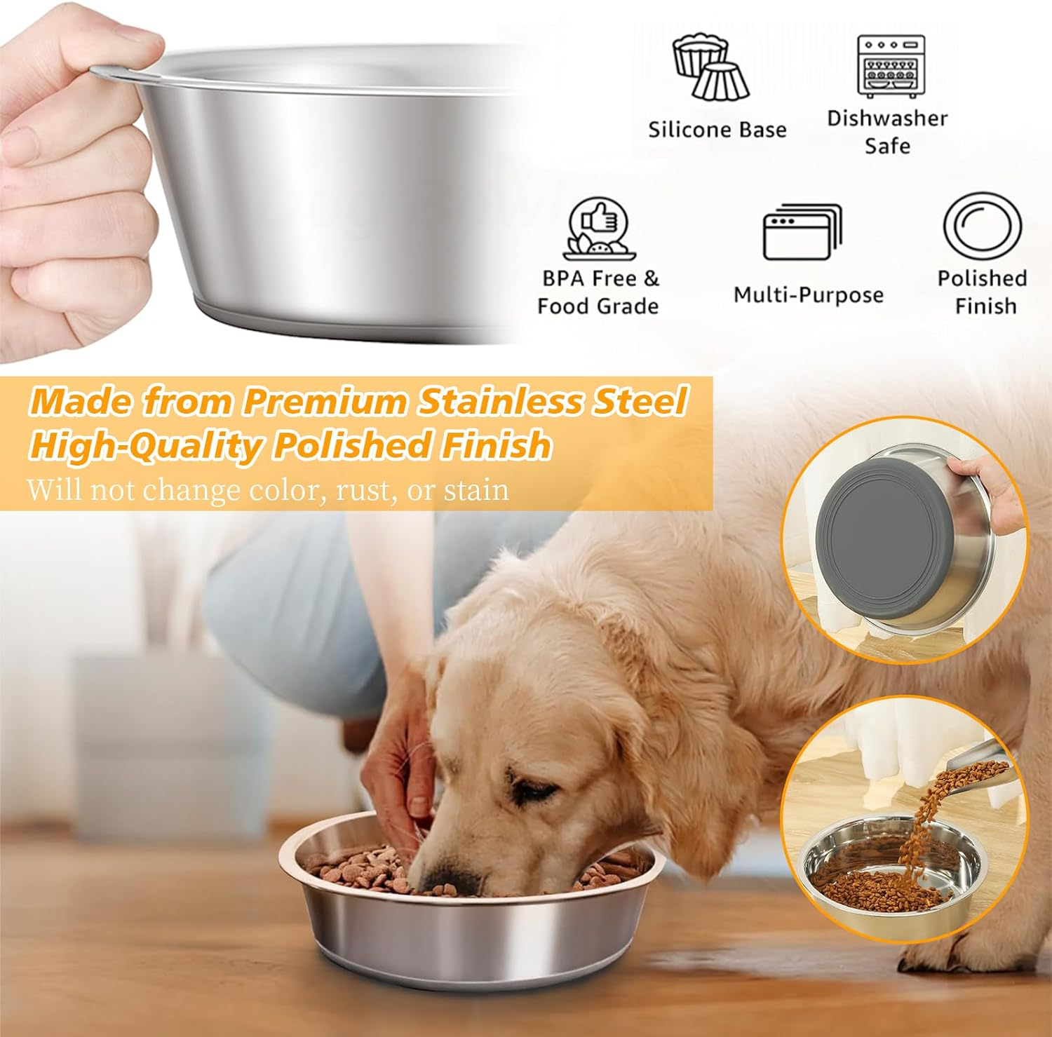 2 Pack Stainless Steel Dog Bowl Food Grade Metal Pet Bowls with Non-Slip Base, Rustproof & Chew-Proof Dog Bowl for Small/Medium Dogs, Dishwasher Safe Indoor/Outdoor Feeding Bowls Grey (14CM) image number 5