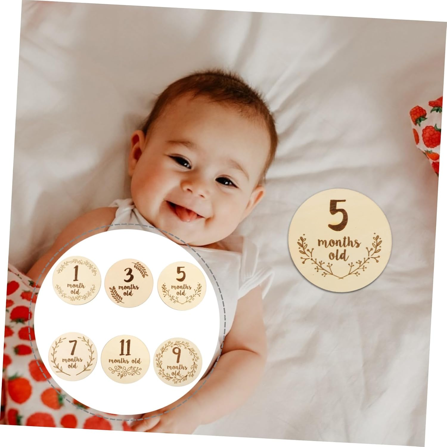 6Pcs Monthly Milestone Cards for Newborns Wooden Milestone Photo Props Double-Sided Accessory for Books Newborn image number 3
