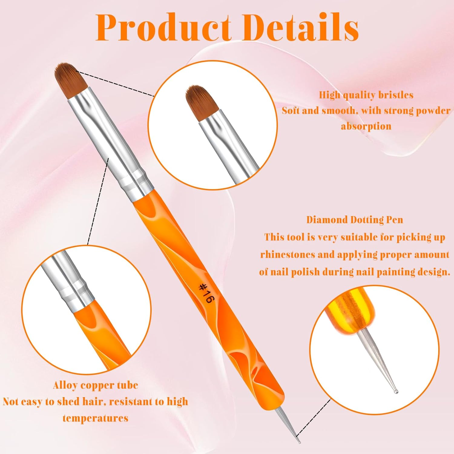 French Gel Acrylic Nail Art Brush with Dotting Tool, 2 Way French Gel Acrylic Nail Art Brush with Dotting Manicure Tool for Professional Manicure Nails Detailed Designs, Size #14 & #16 image number 5