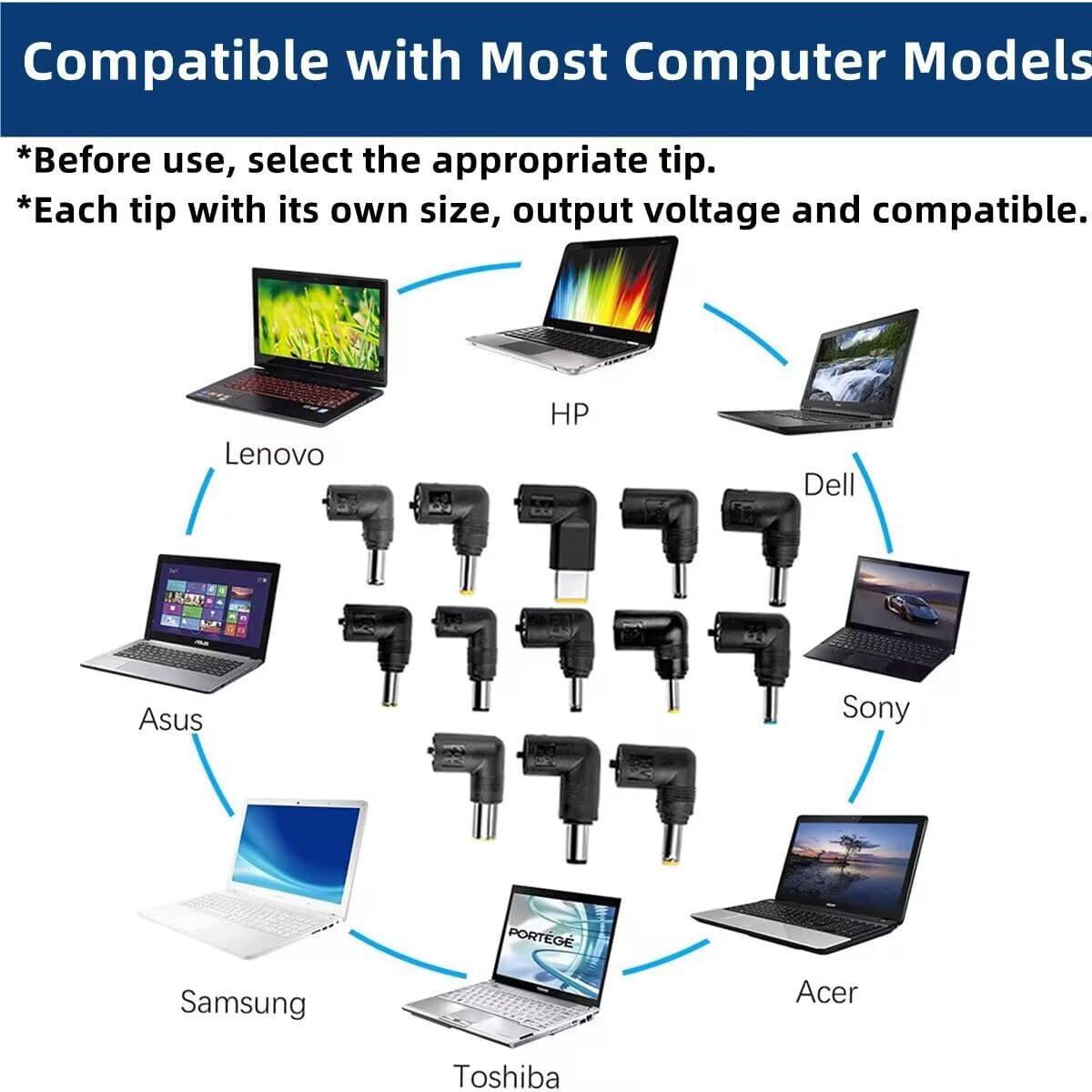 Universal Laptop Charger AC Adapter for HP Asus Acer Toshiba Dell Lenovo Fujitsu Gateway Ultrabook Chromebook IBM Compaq Samsung Sony Notebook Power Supply 18V 19V 20V 6A 90W 13 DC Tips image number 5
