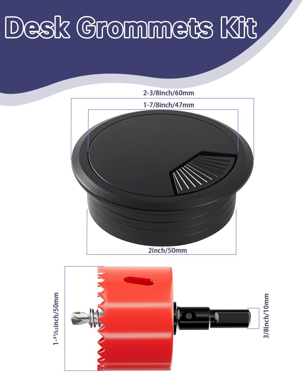 Desk Grommet & Cable Management Kit with Hole Saw - 12-Piece Set Includes 50Mm Cable Hole Covers, Bi-Metal Hole Saw, 5M Cable Tape - Office Desk Cable Organizer for Neat Workstation