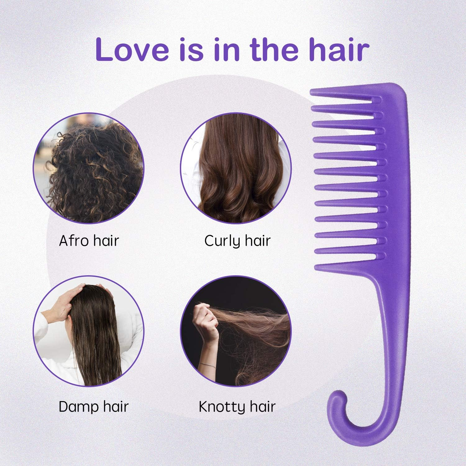 Wide Tooth Comb Detangling Hair Brush, Premium Care Handgrip Comb, Apply to for Curly, Wet, Dry, Thick Hair Etc. (Purple) image number 2