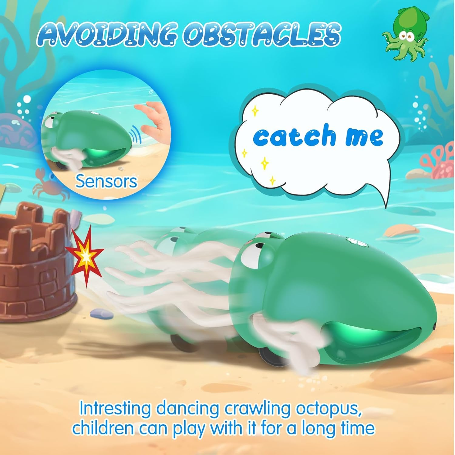 Dancing Squid Tummy Time Toy &ndash; Electric Crawling Octopus Baby Toy, LED Lights & Music (Green) image number 5