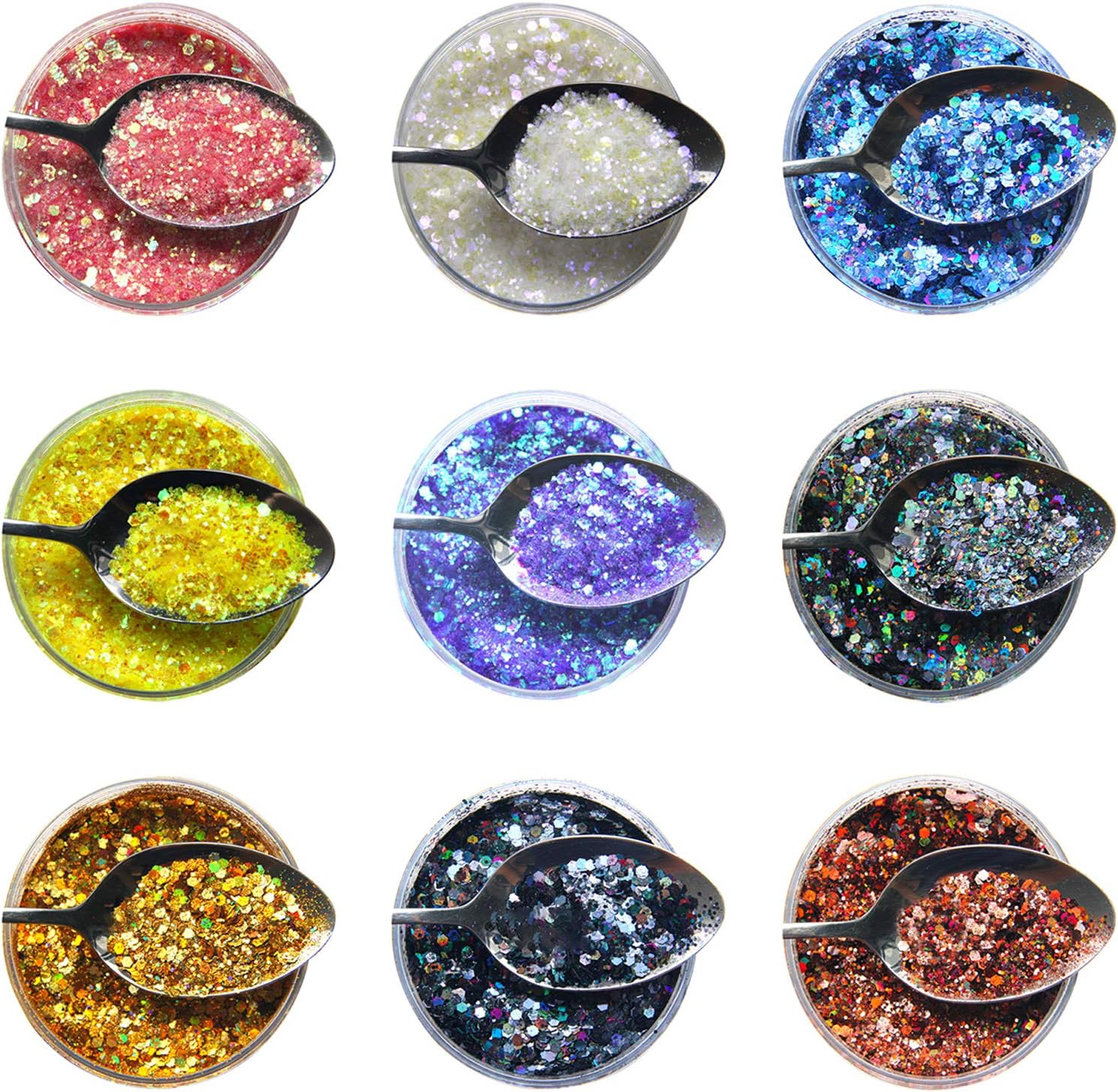 9 Packs Mica Powder Chunky Glitters Set Nail Glitter Sequins Powder Mixed Rose Gold