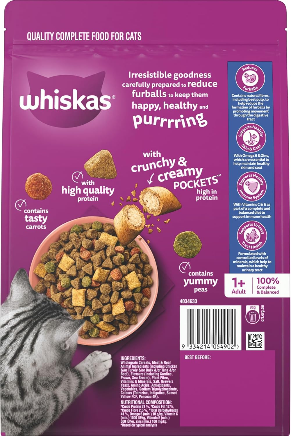 Whiskas Furball Sardine and Prawn Adult Dry Cat Food 800 G Bag, 6 Pack image number 5