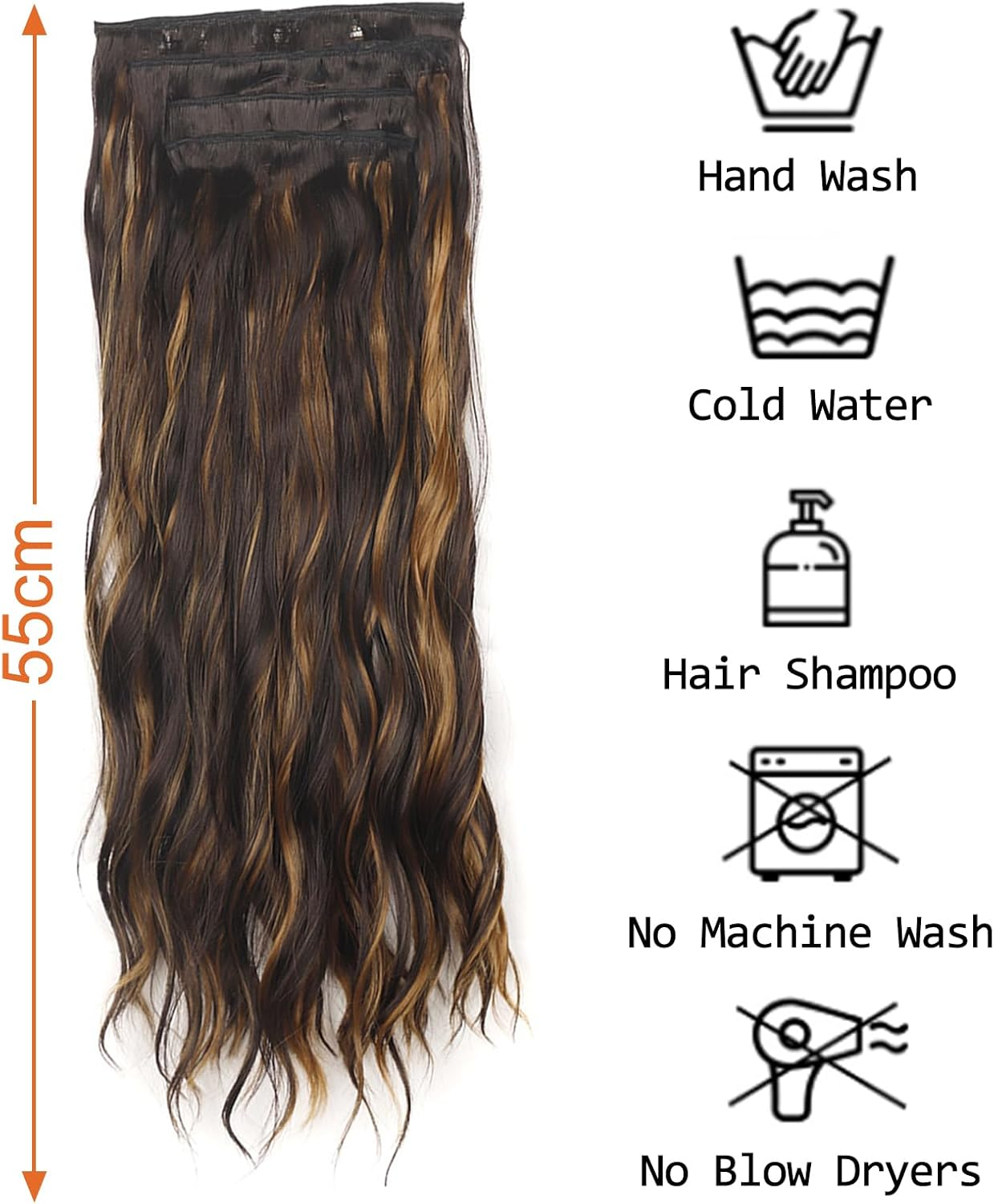 DKDDSSS Clip-In Extensions, 4 Pieces Brown Hair Extensions, Clip-In Hair Extensions, 55 Cm, Synthetic Hairpiece, Hair Extensions with Clips, for Women and Girls image number 2
