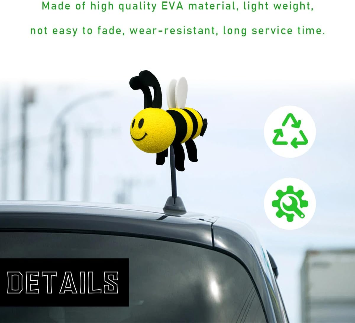 Bee Car Antenna Toppers, Automotive Roof Lovely Face Bumble Bee Antenna Balls Stickers Decor, EVA Funny Cute Honey Bee Antenna Hat for Vehicles, Universal Car Accessories (White) image number 6