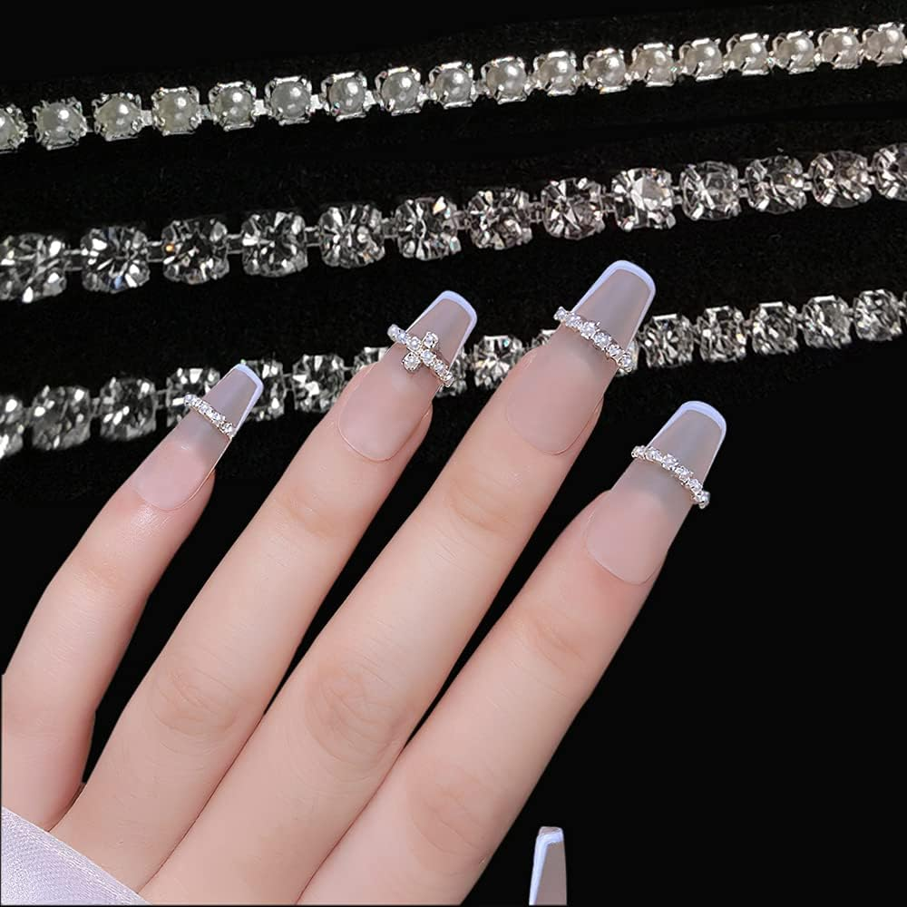 3D AB Rhinestone Chain Nail Art Studs Crystal Diamond Chain Pearl Chain Nail Decoration Metallic Chains Alloy Punk Pendant Ornaments for Nail Art Decoration & DIY Crafting Design (6 Pcs) image number 4