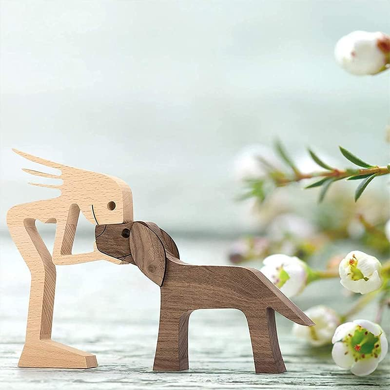 AIMALL Handmade Wooden Statue, Sitting Woman and Dog, Carved Wood Decor Craft, 7.5X5X0.4 Inches, Natural Wood Colour, Rustic Home Decoration - B03 image number 4